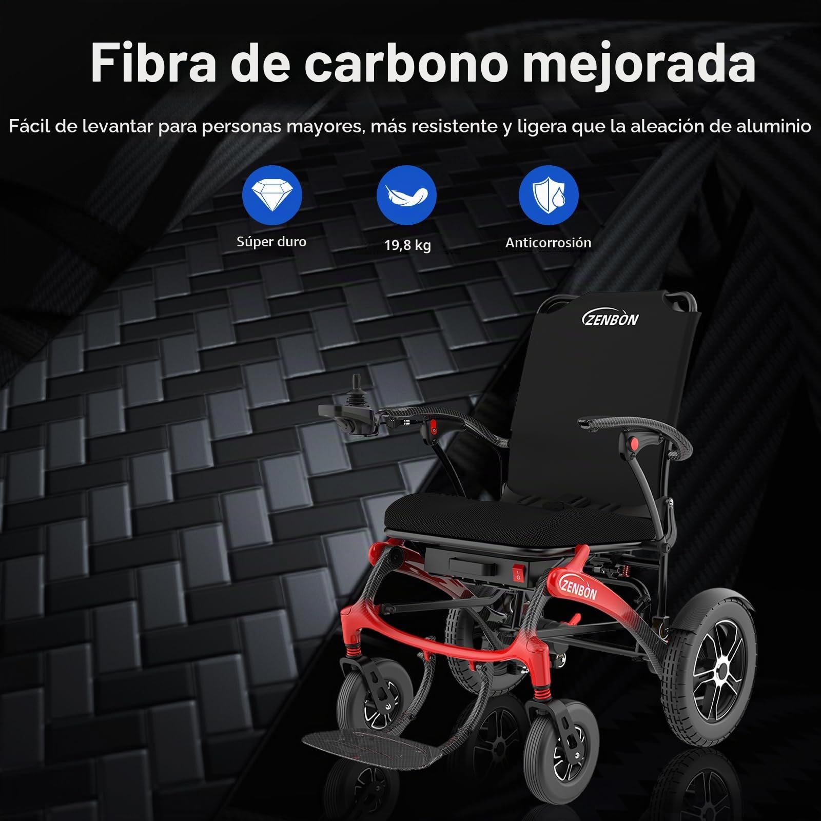 Silla de Ruedas Eléctrica Plegable de Carbono 19,8 kg: Silla de Ruedas Eléctrica Ligera y Plegable con Ruedas Grandes de PU de 30 cm para Todo Tipo de Terrenos Hasta 150 kg