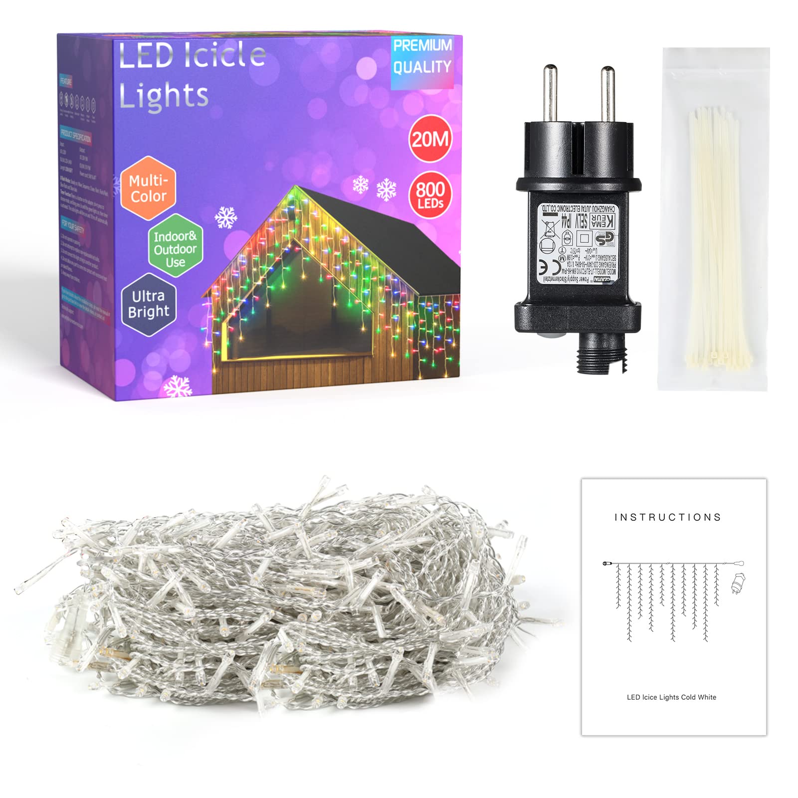 Elegear 20M 800 LED Eisregen Lichterkette Außen, Erweiterbare Lichtervorhang mit Timer IP44 Bunt Eiszapfen Lichterkette Fenster 8 Modi Weihnachtsbeleuchtung für Weihnachtsdeko Traufe Garten Balkon