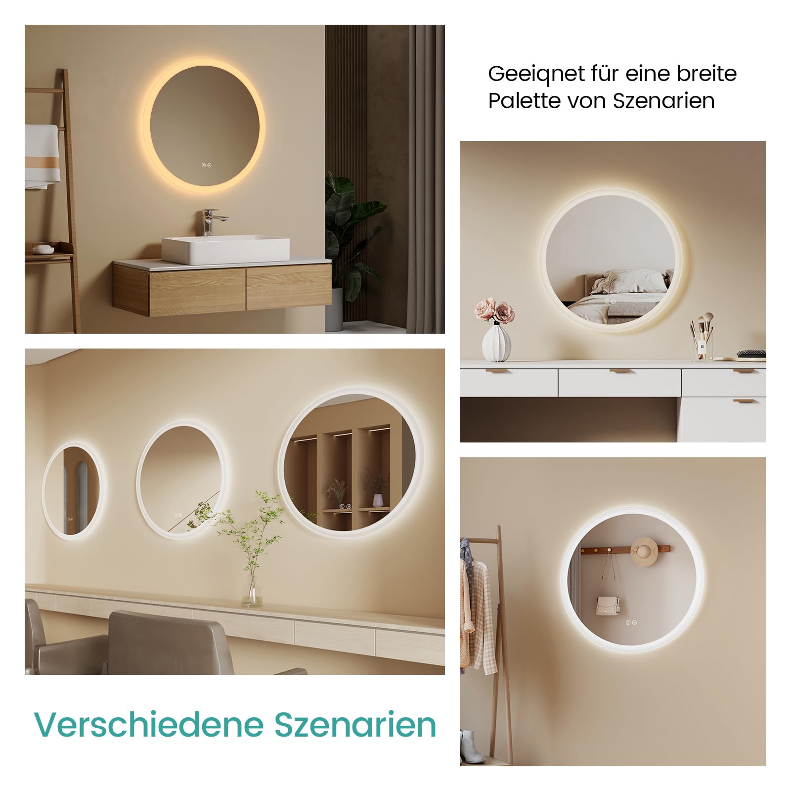 EMKE Badspiegel mit Beleuchtung Rund 50cm, Badezimmerspiegel mit dimmbarer Beleuchtung, 3 Lichtfarben, Antibeschlag, Touch-Schalter und Speicherfunktion, ideal für das Badezimmer