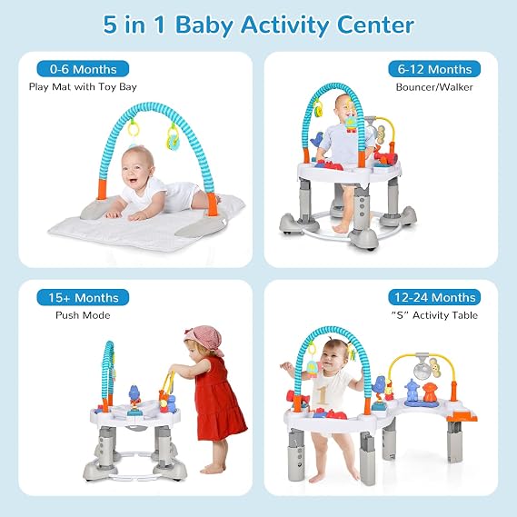 INFANS Baby Bouncer Activity Center, 5 in 1 Toddler Bouncing Activity Saucer Playtime Mat Activity Table with 360Rotating Seat, 3 Adjustable Height, Foldable Exersaucer Learning Walker (Light Grey)