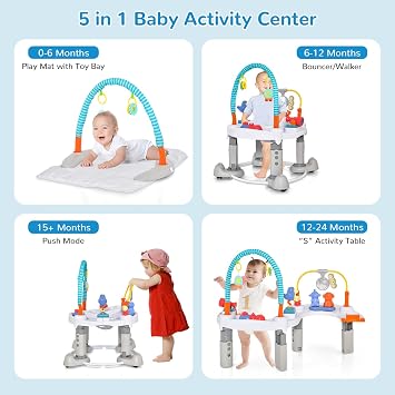 INFANS Baby Bouncer Activity Center, 5 in 1 Toddler Bouncing Activity Saucer Playtime Mat Activity Table with 360Rotating Seat, 3 Adjustable Height, Foldable Exersaucer Learning Walker (Light Grey)