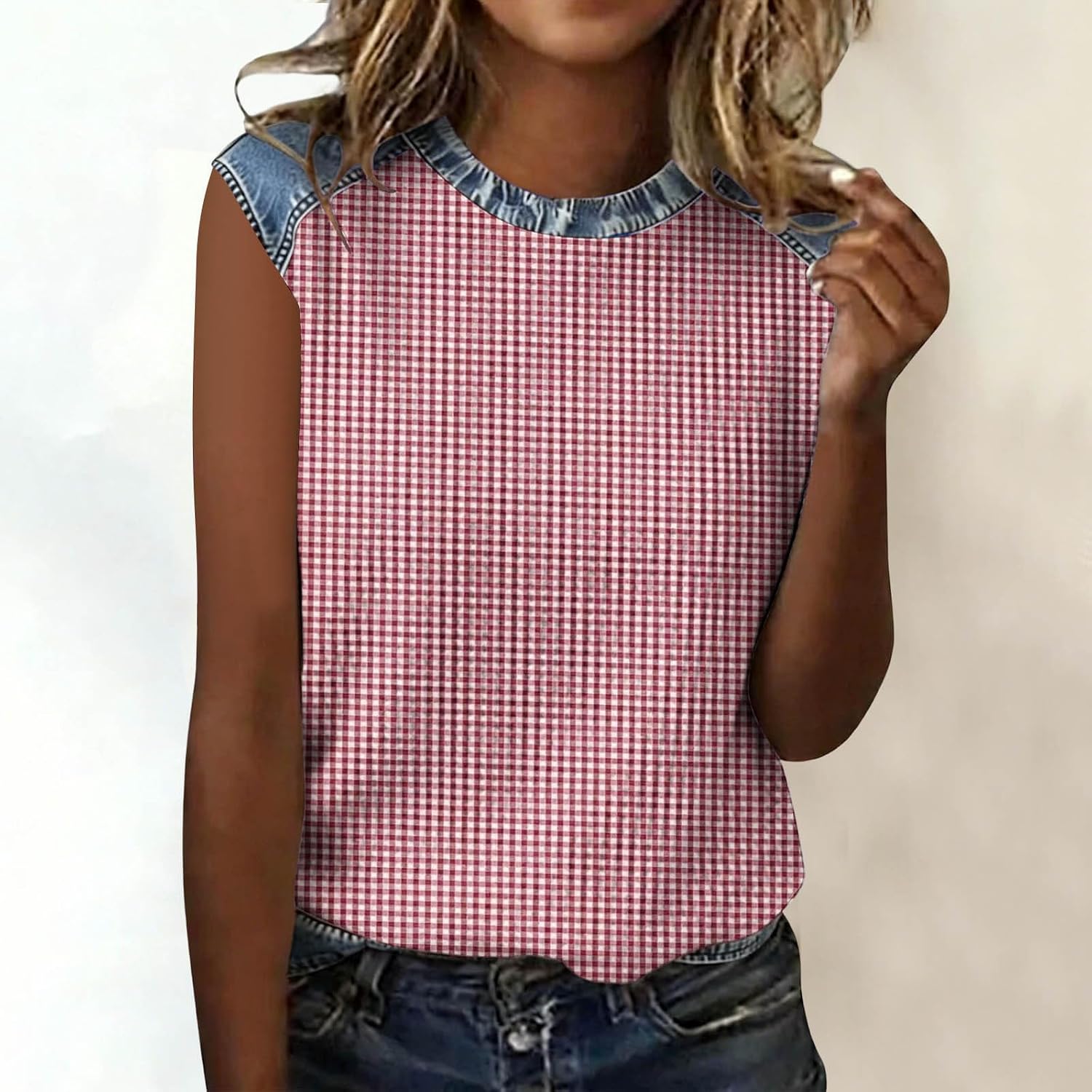 Women’s Polka Dot Waffle Knit Tank Tops 2026 Outfits Casual Summer Tops Loose Fit Denim Trim Raglan Sleeve Basic Tee