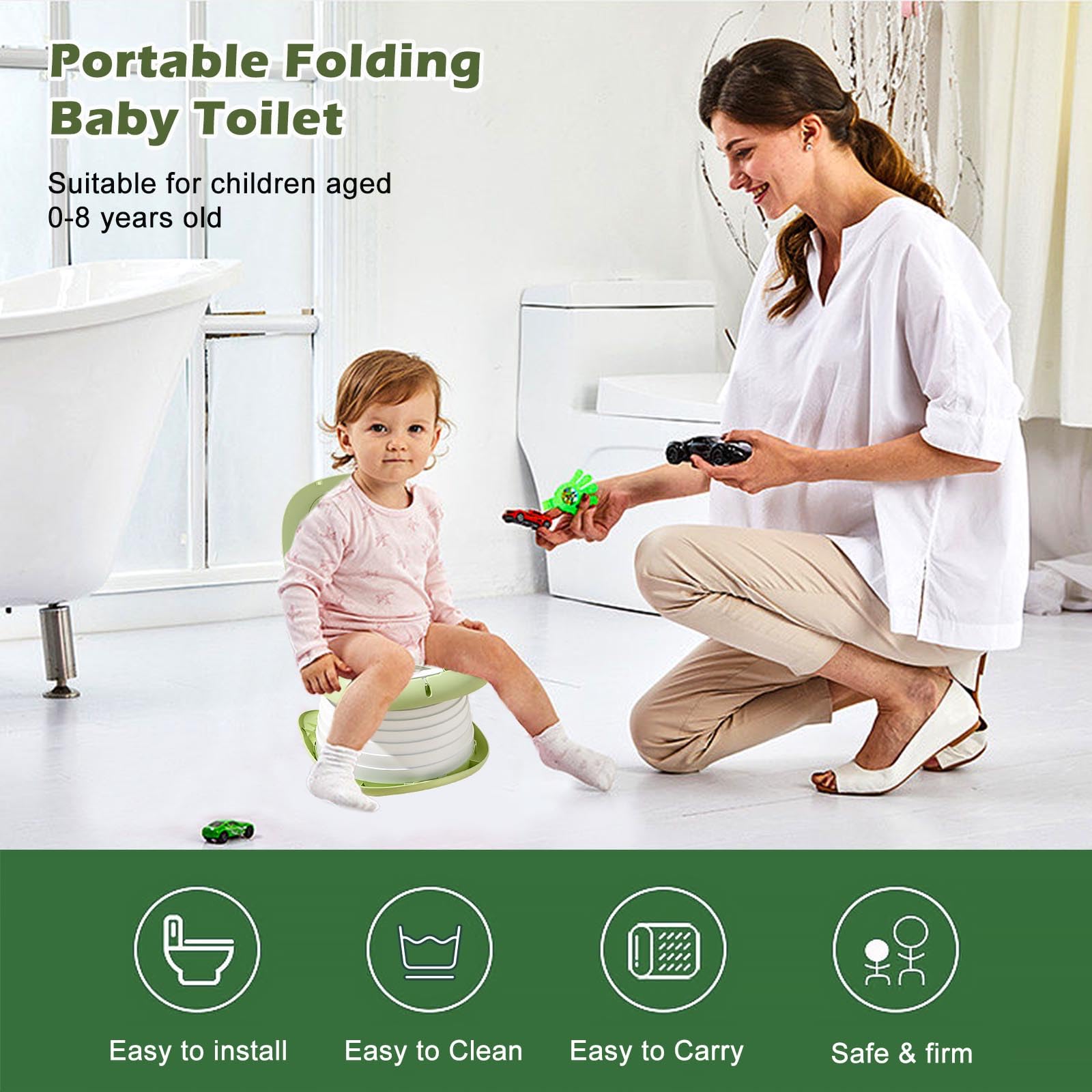 Sedile WC pieghevole per bambini, vasino da viaggio per auto, per esterni e interni, pratico per campeggio e viaggi, compatto e portatile, rosa (toilette pieghevole per bambini, verde)