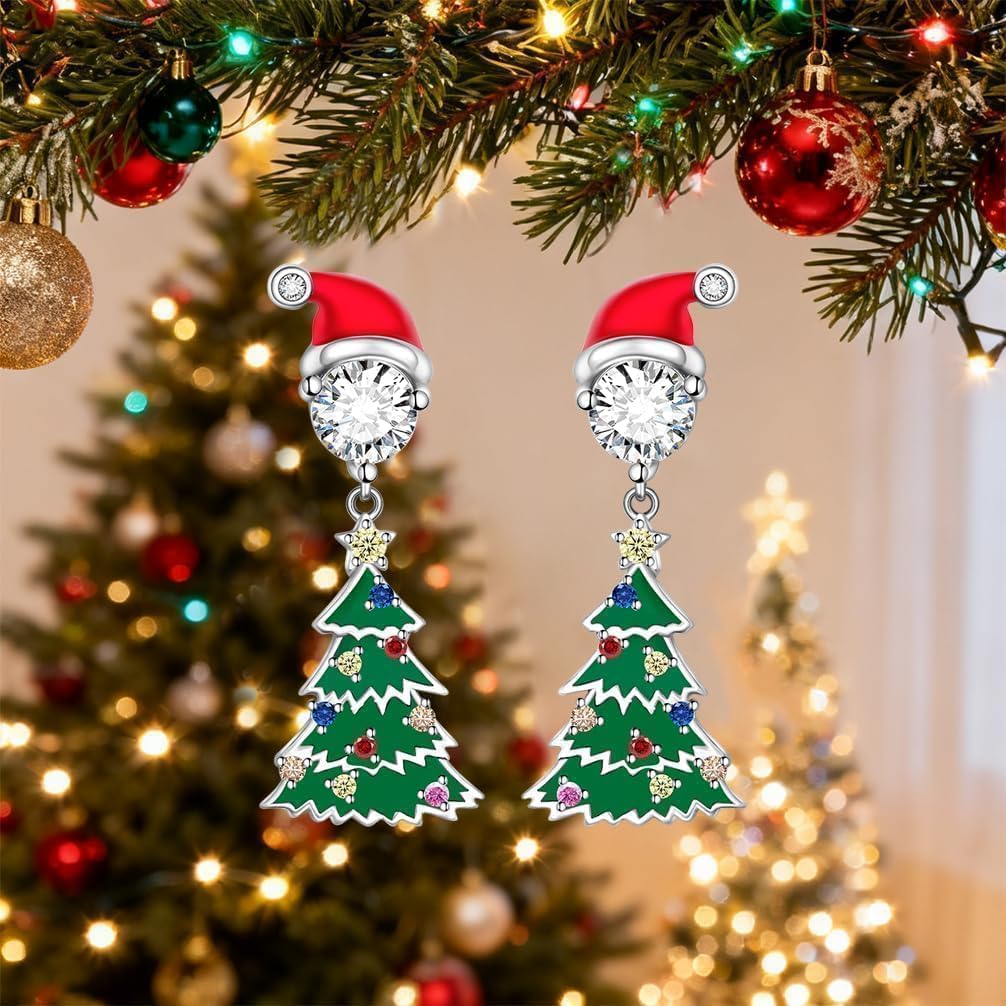 925 Sterling Silver Christmas Earrings Christmas Tree Earrings for Women Colorful Santa Hat Studs Holiday Xmas Jewelry Gifts for Women - Image 7