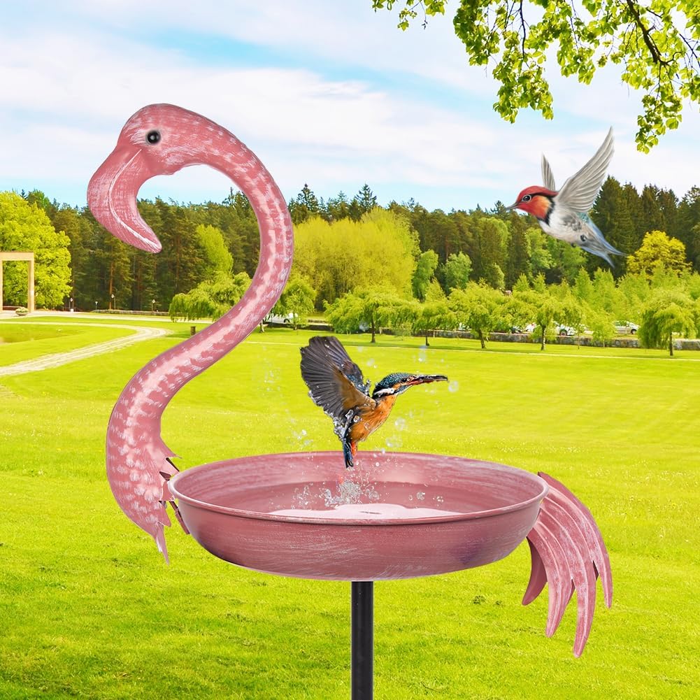 Pink Flamingo Bird Baths for Outdor, 12 Dia Metal Bird Bath Bowl with 5 Prongs Ground Stake, Rustproof Birdbaths for Garden, Yards Lawn Patio Pink Flamingo Bird Baths for Outdor, 12 Dia Metal Bird Bath Bowl with 5 Prongs Ground Stake, Rustproof Birdbaths for Garden, Yards Lawn Patio
