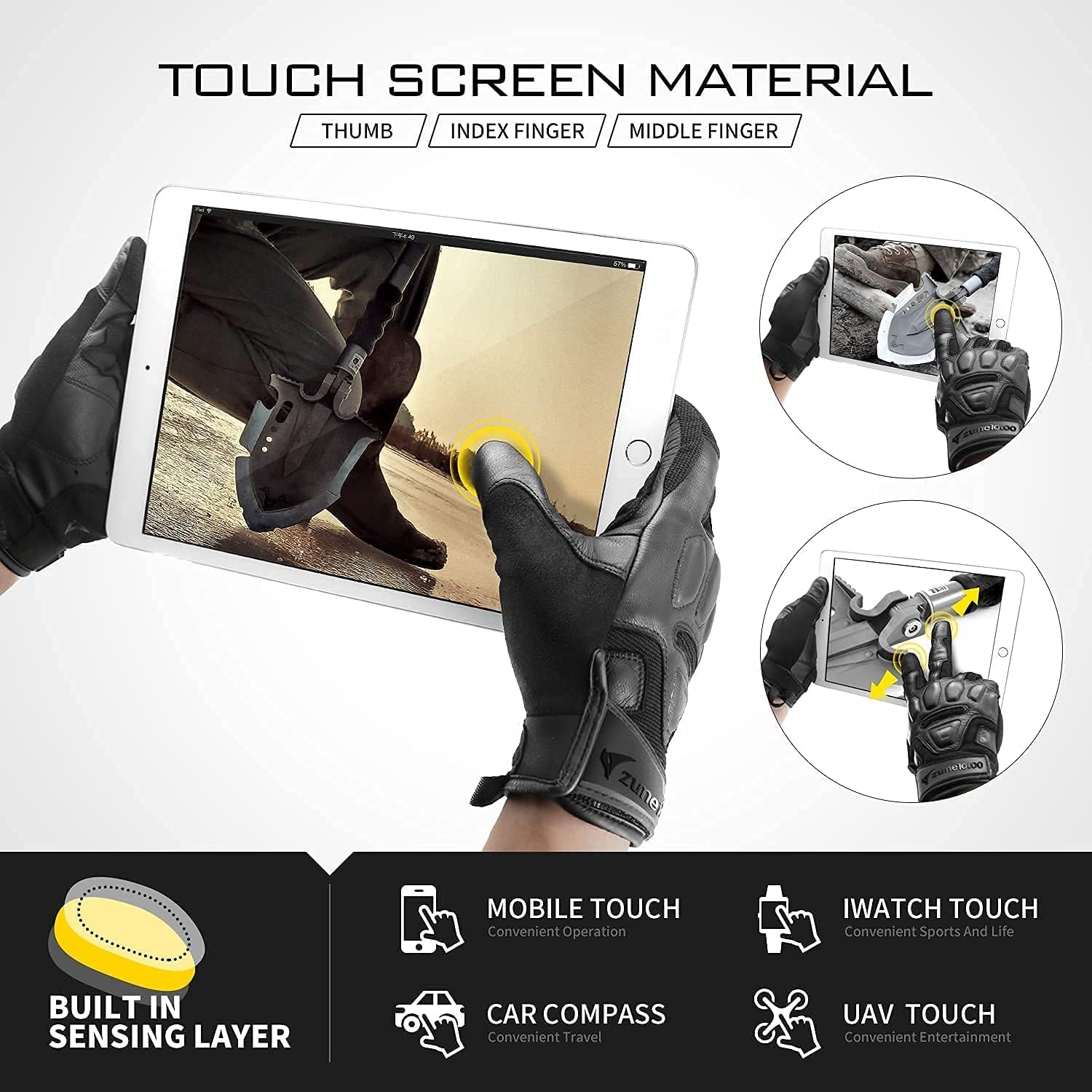 Zune Lotoo Touchscreen Motorcycle Gloves for Men Women Black Leather Motorbike Gloves for Motocross Riding Sports Cycling Biking Driving : Automotive