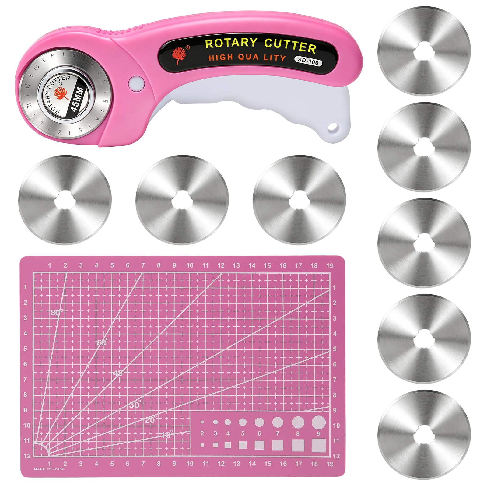 45mm Rotary Cutter for Fabric with 8 Extra Blades and A5 Cutting Mat, Ergonomic Handle Safety Lock Roller Cutter for Fabric, Sewing, Quilting, Leather, Crafting, Perfect for Left & Right Hand
