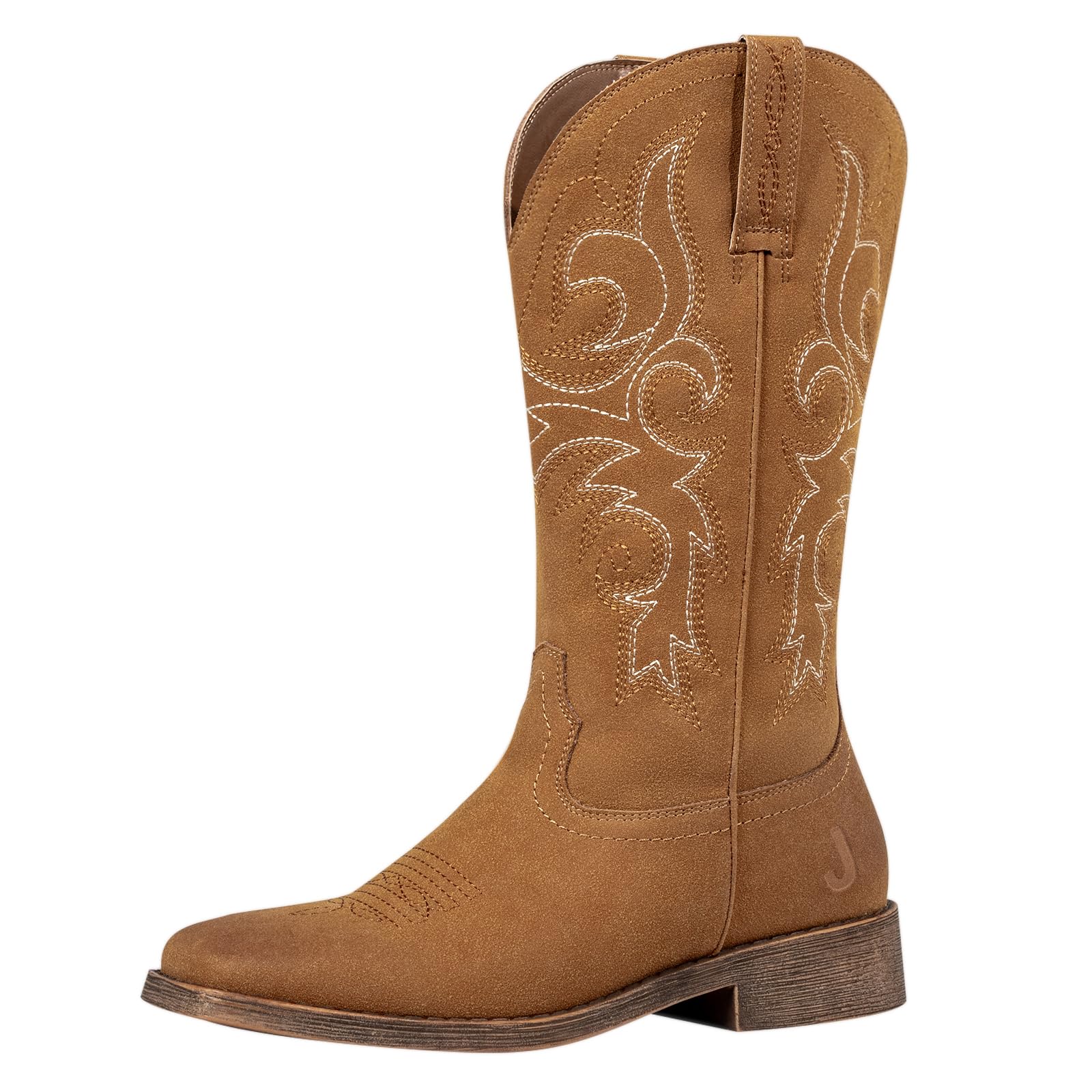 J's.o.l.e Womens Square Toe Cowgirl Cowboy Boots Mid Calf with Chunky Heel Retro Embroidery Western Boots