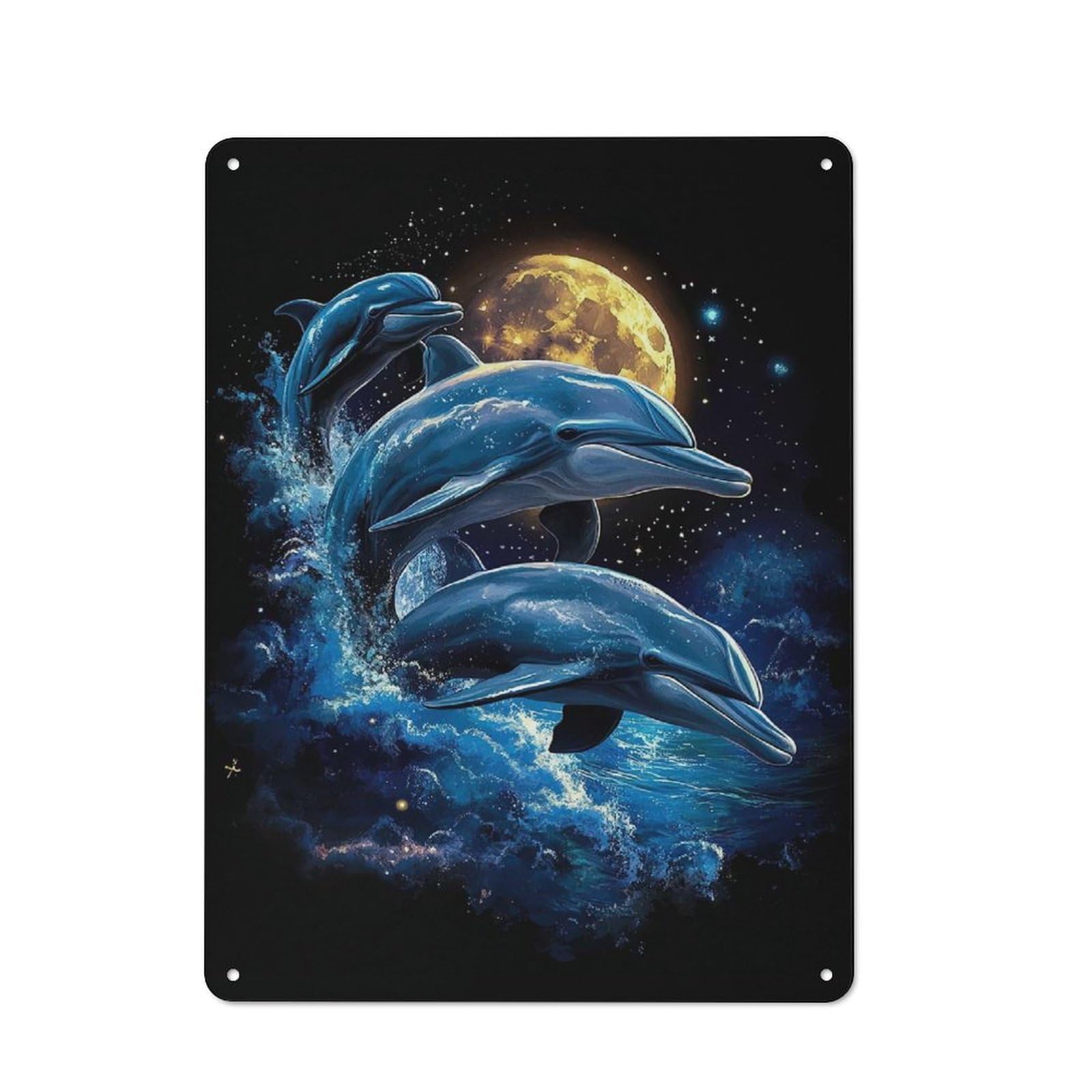 Junmoney Style-16 40X30cm Rustic Tin Sign With Dolphins Under The Moon For Studio Or Craft Room, Tin Sign Wall Decor For Studios And Craft Rooms