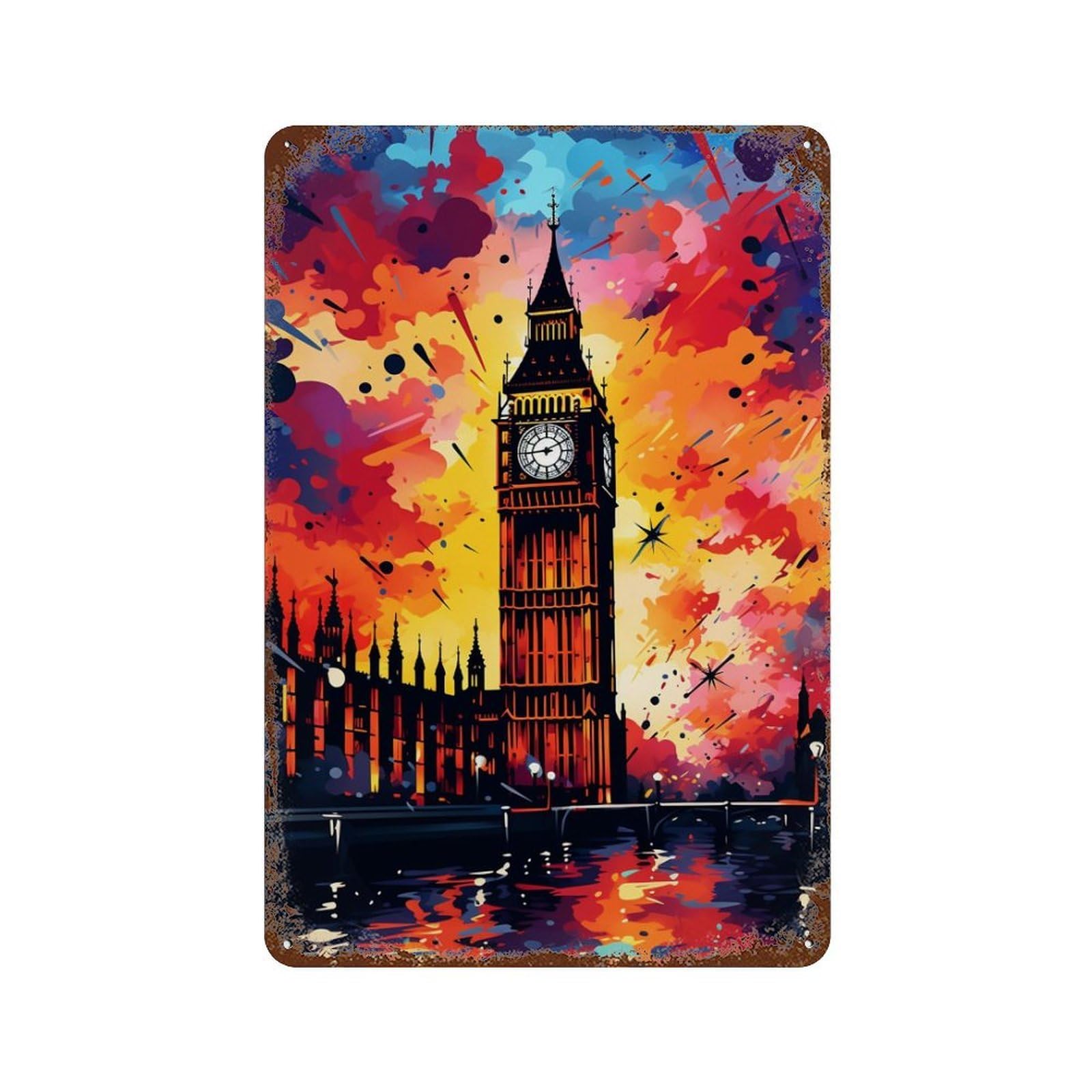 London's Vibrant Skyline 11.8"x7.9" Distressed Metal Wall Sign, Shabby Chic Decor for Shed, Workshop And Garage Wall Decor