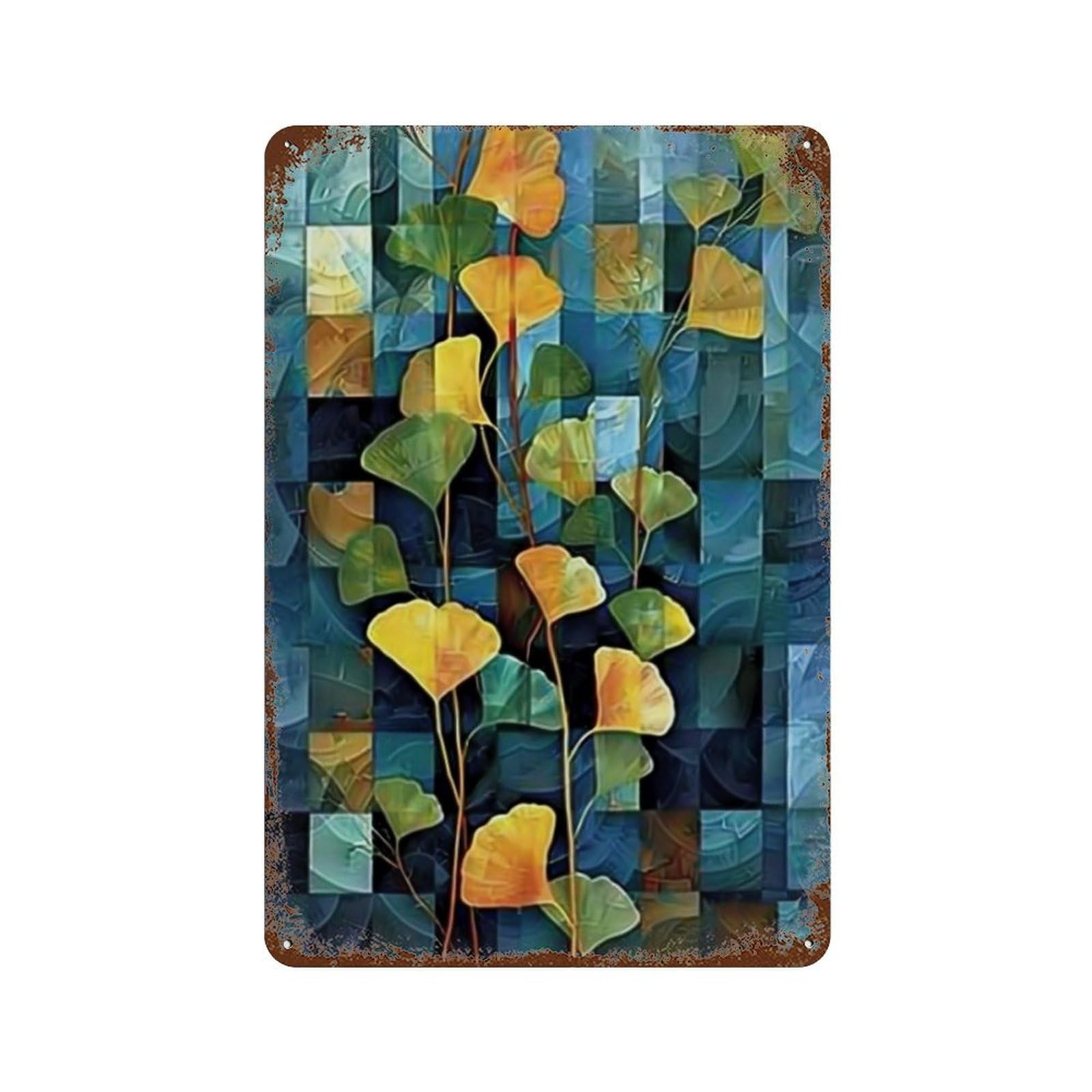 WUJHGRSG Impasto Geometric Block Golden Ginkgo Twigs 04 Wall Art Retro Iron Vintage Metal Tin Sign Poster Modern Decor for Home Cofffee Club Bar Shop Style 30x20cm