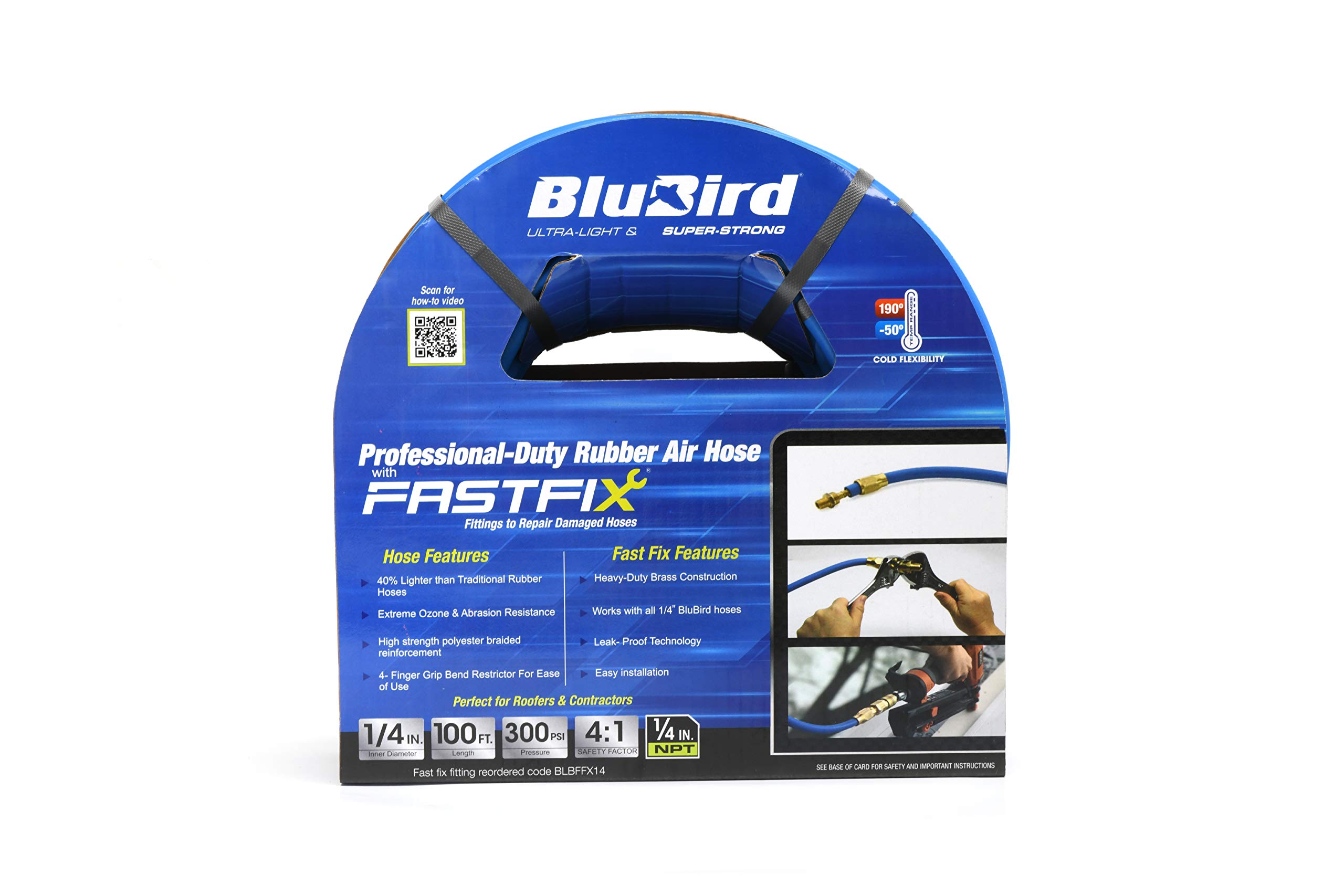 BluBird Lightest, Strongest, Most Flexible Rubber Air Hose w/Field Repairable ends (FastFix) 1/4