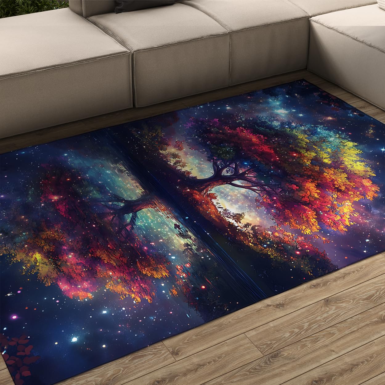 Tree of Life Area Teppich Bunte Fantasy Baum Teppiche für das Schlafzimmer Flur Magischer Sternenhimmel Spiegelbild Bodenmatte Niedrig Flor Waschbarer Teppich 160x230cm