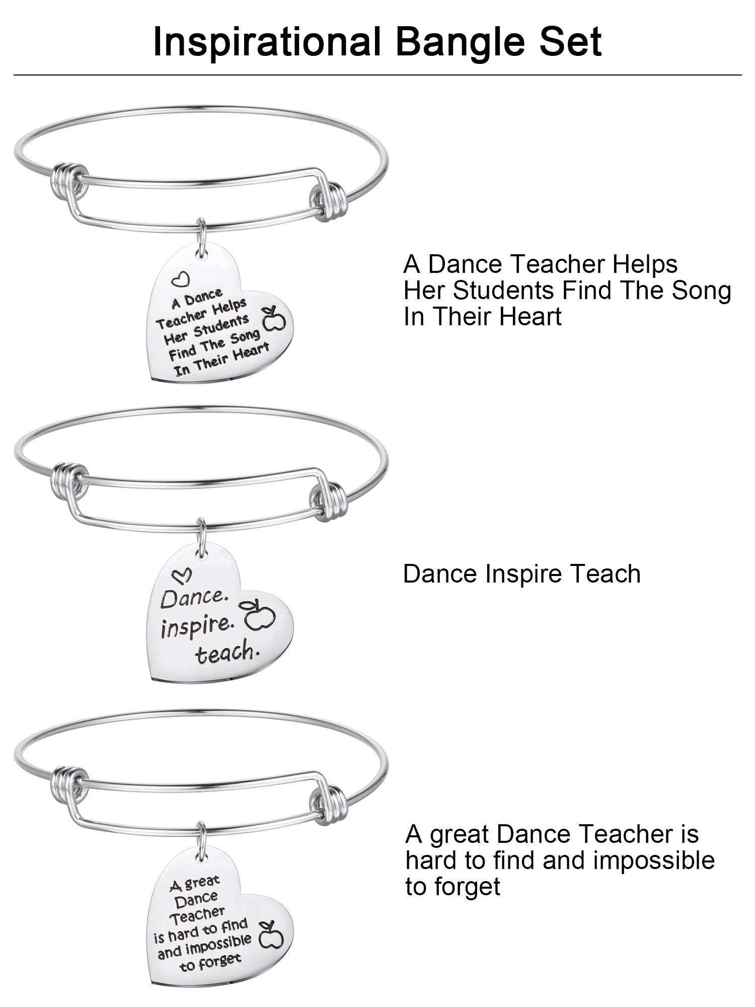 Zhanmai 3 Pieces Dance Teacher Gifts for 2026 Teacher's Day Bracelet Bangle Gift Engraved Appreciation Quotes Expandable Steel Bracelet with Heart Pendant for Women Dance Teacher