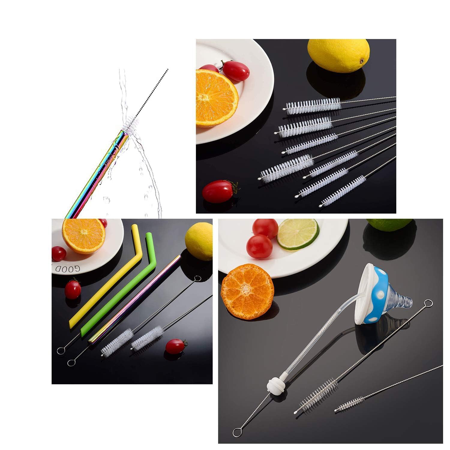 ATRMITRA Drinking Straws with Cleaning Brushes - Food-Grade Metal Straws for Tumblers, Smoothies, Juices & Cold Beverages - Dishwasher Safe (3 Straight + 3 Bent Straight + 2 Straw Brush) 3
