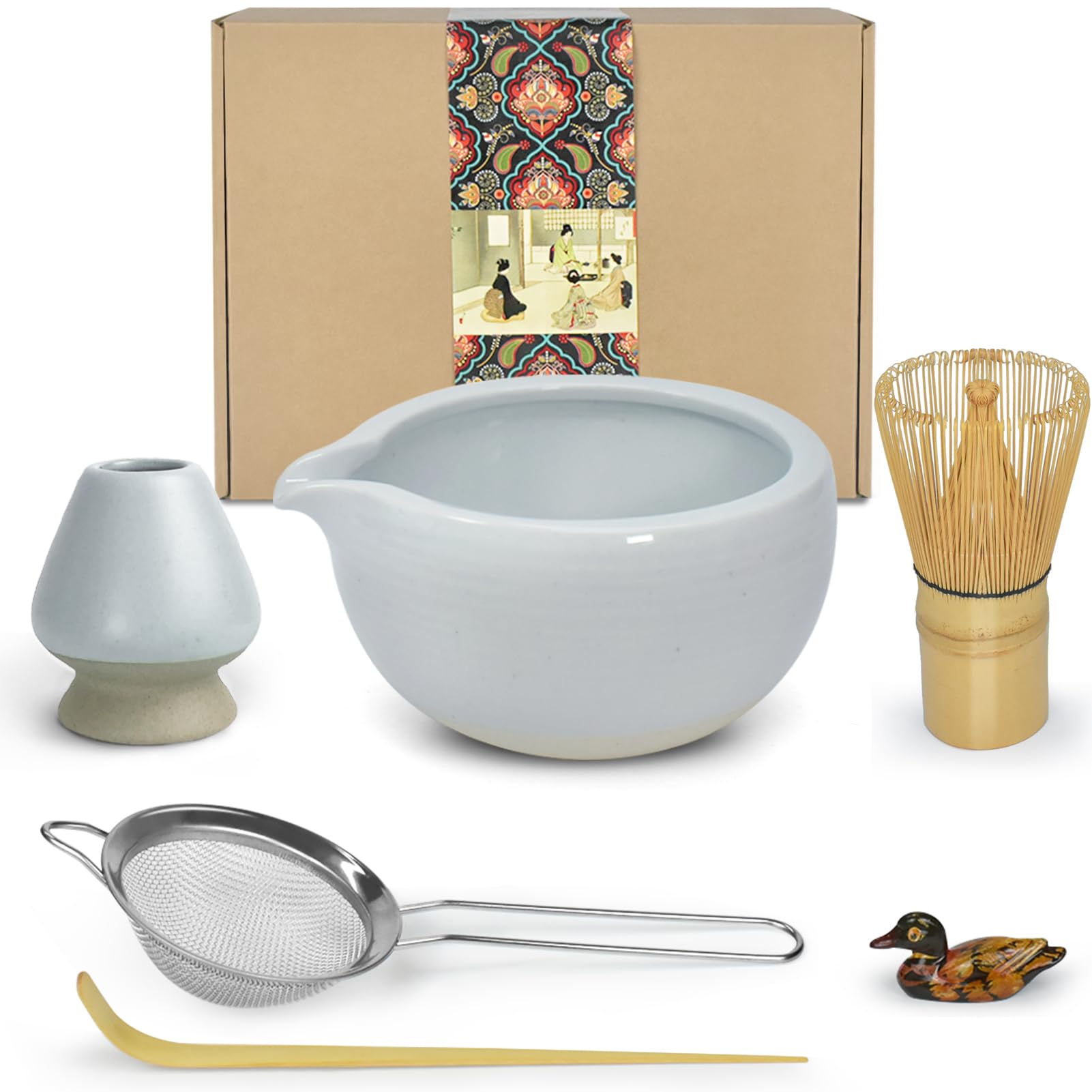 Kit Cérémonie Matcha HEI MING - 8 Pièces : Bol Céramique, Fouet Bambou, Tamis, Cuillère - Style Vintage