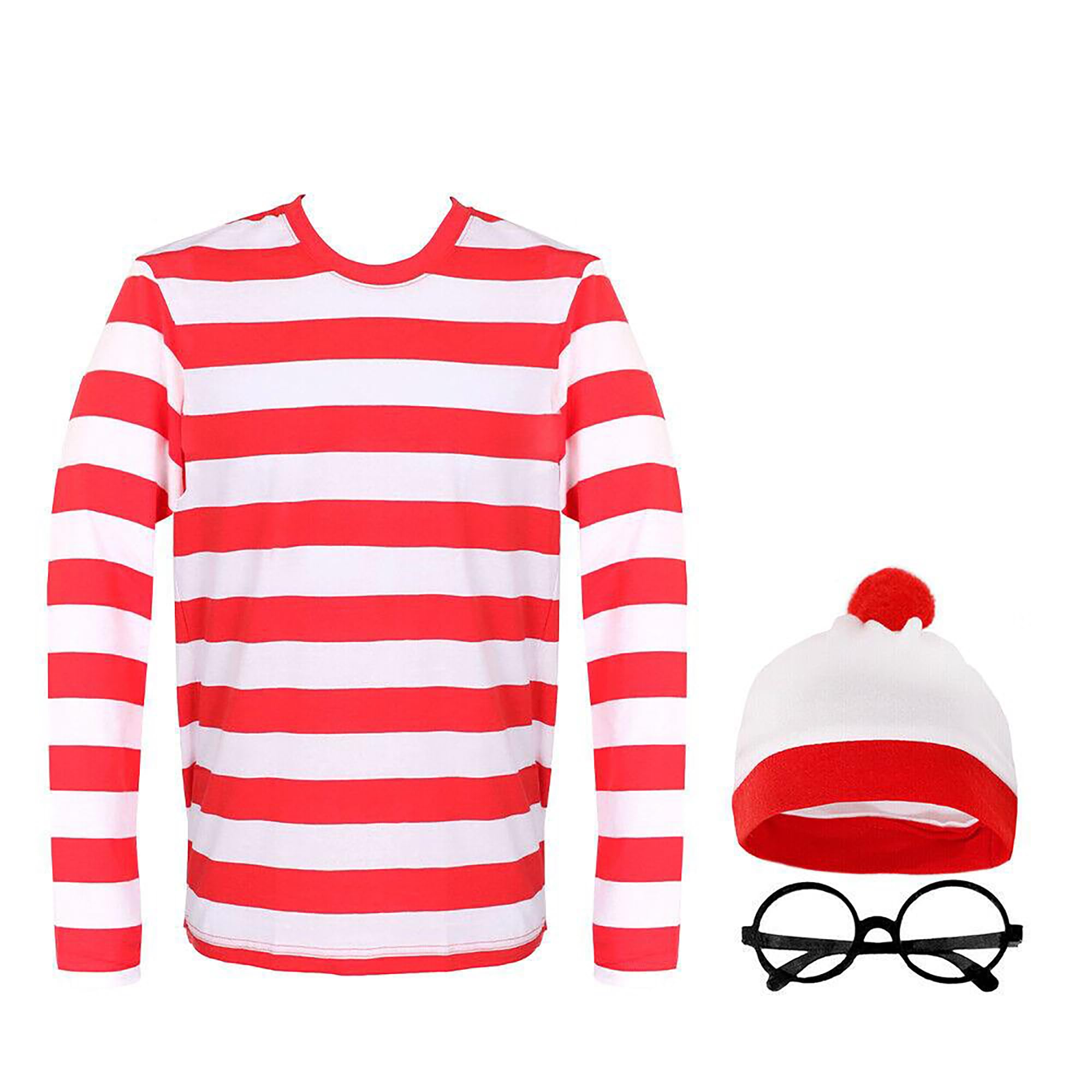 LOVETRENDS Adults Find Me Costume - X-Large - Long-Sleeved Red and White Striped T-Shirt, White & Red Bobble Hat, Round Glasses - Adults World Book Day Book Week Fancy Dress Costume