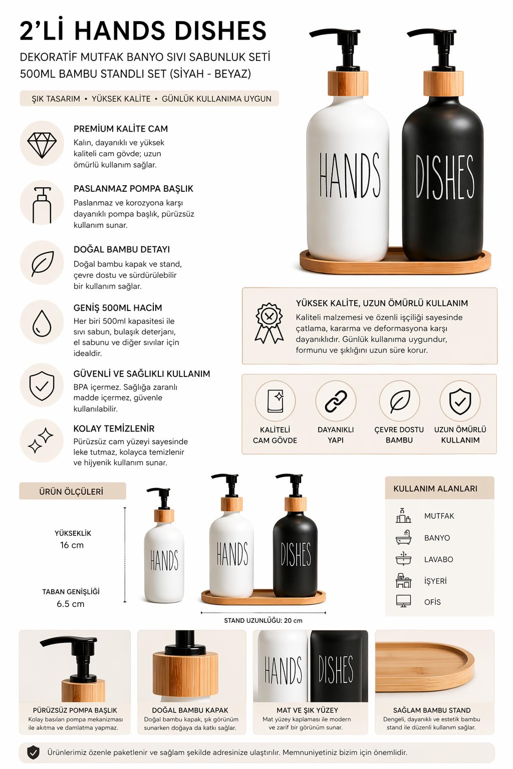 2’li Hands Dishes Siyah Beyaz Cam Sıvı Sabunluk Seti 500 ml, Bambu Standlı Dekoratif Mutfak & Banyo Sabunluk Dispenser Seti Şık Modern Tasarım
