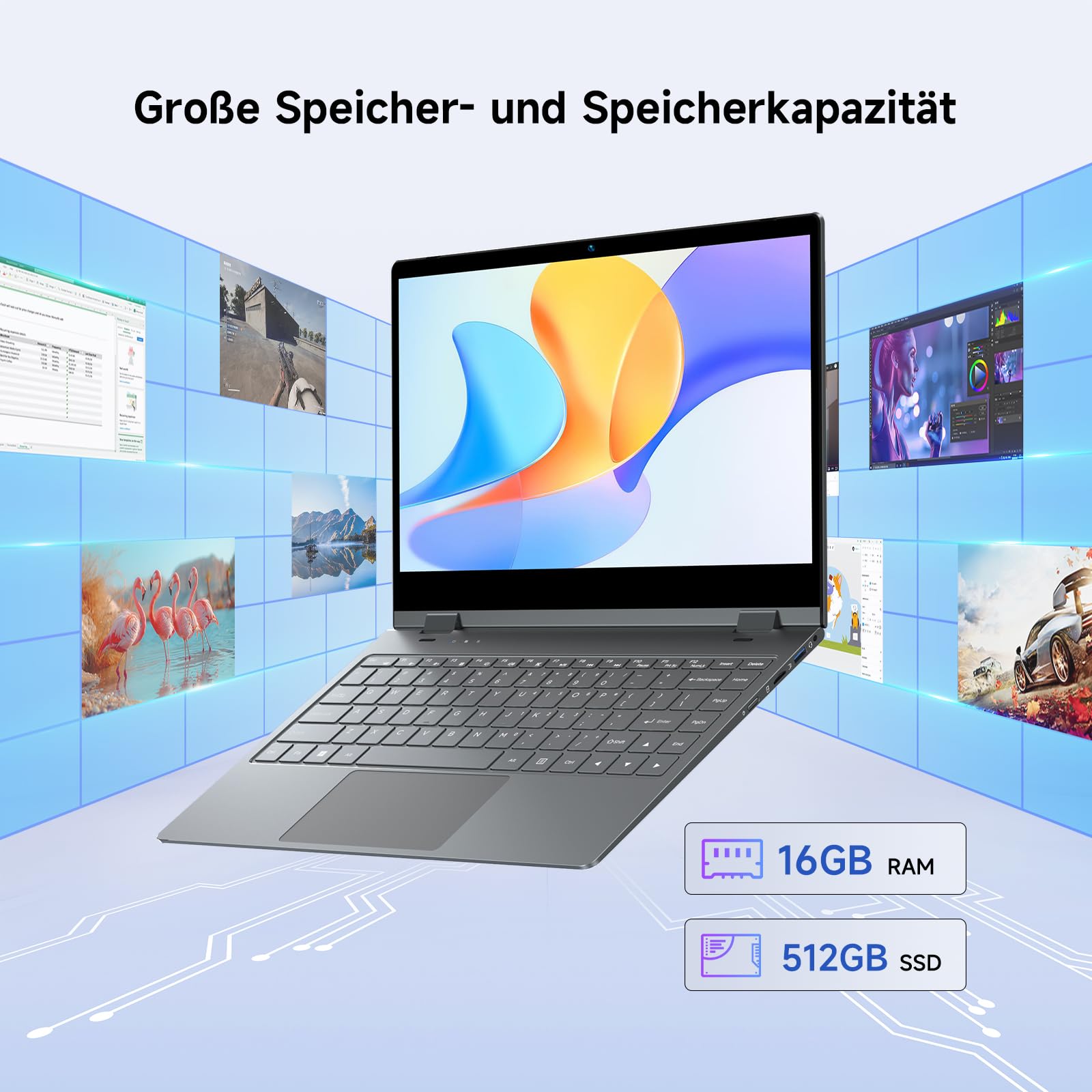 BMAX 2-in-1 Laptop Touchscreen Notebook Intel N150 up to 3.6GHz 16GB RAM 512GB SSD 14 inch Full HD Convertible Computer Beleuchtete Tastatur USB-C/3.2, Bluetooth, WiFi Deutsche Tastaturschutzfolie