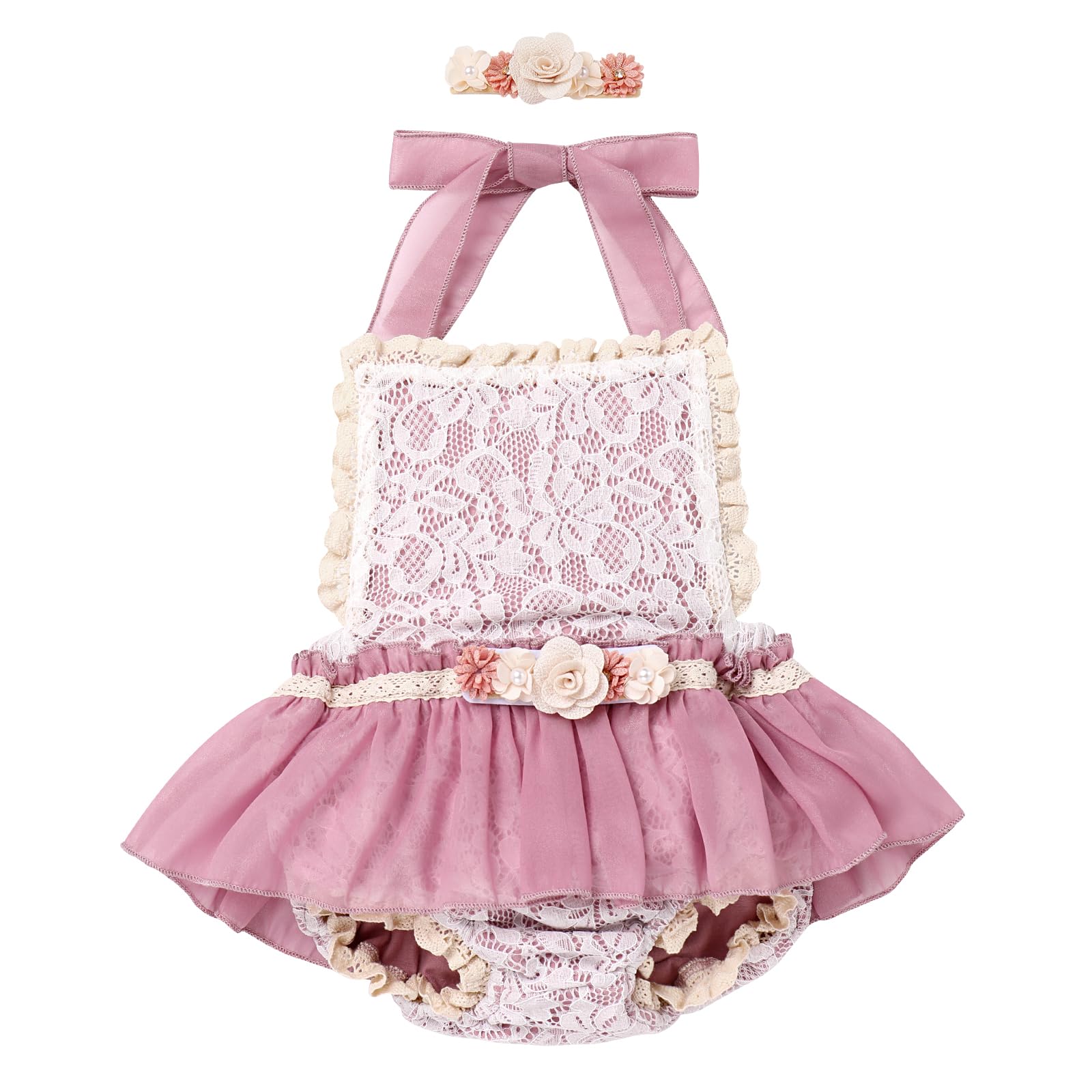 IDOPIP Baby Girls 1st Birthday Outfit Boho Floral Lace Romper Backless Bodysuit Dress with Diaper Cover Tulle Bloomers and Headband for One Year Old Cake Smash Photo Prop Dusty Pink 0-6 Months