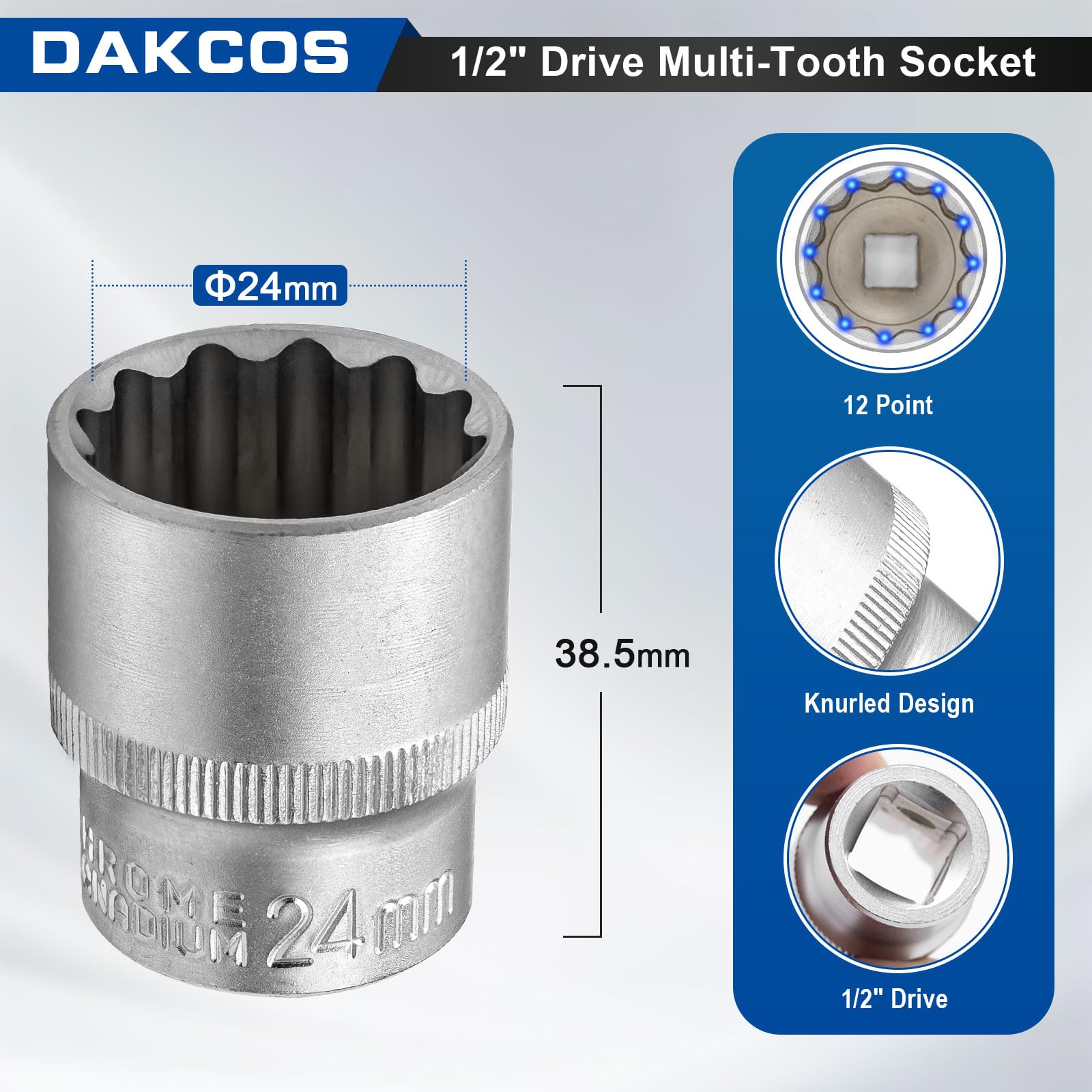 DAKCOS 24mm Spline Socket 1/2" Drive Multi-Tooth 12 Ponit Socket Spanner,CR-V, Mat Chrome Finis - Image 2