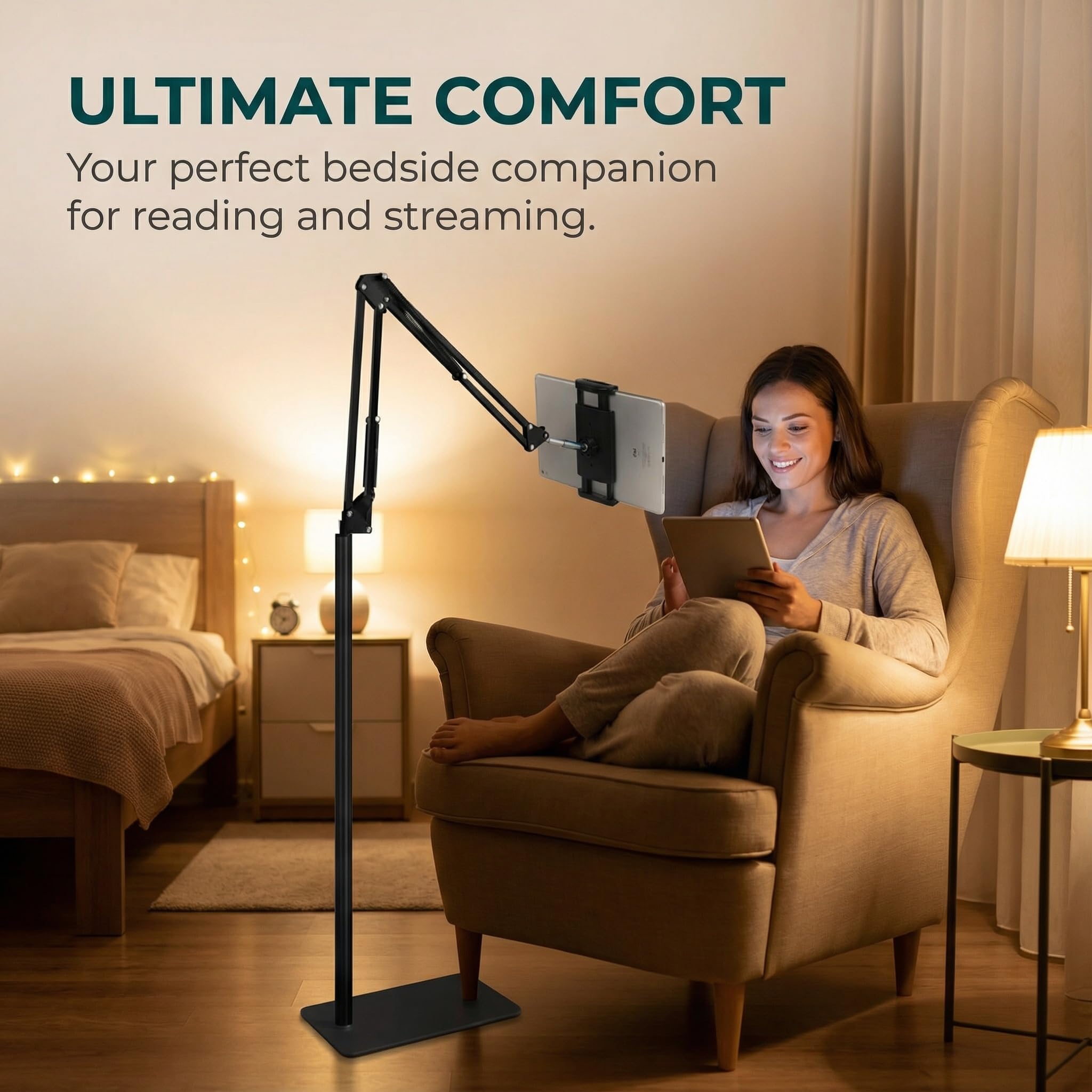 Supporto Tablet da Pavimento con Braccio Pieghevole 360° Rotazione Compatibile Telefono Tablet 12-25 cm