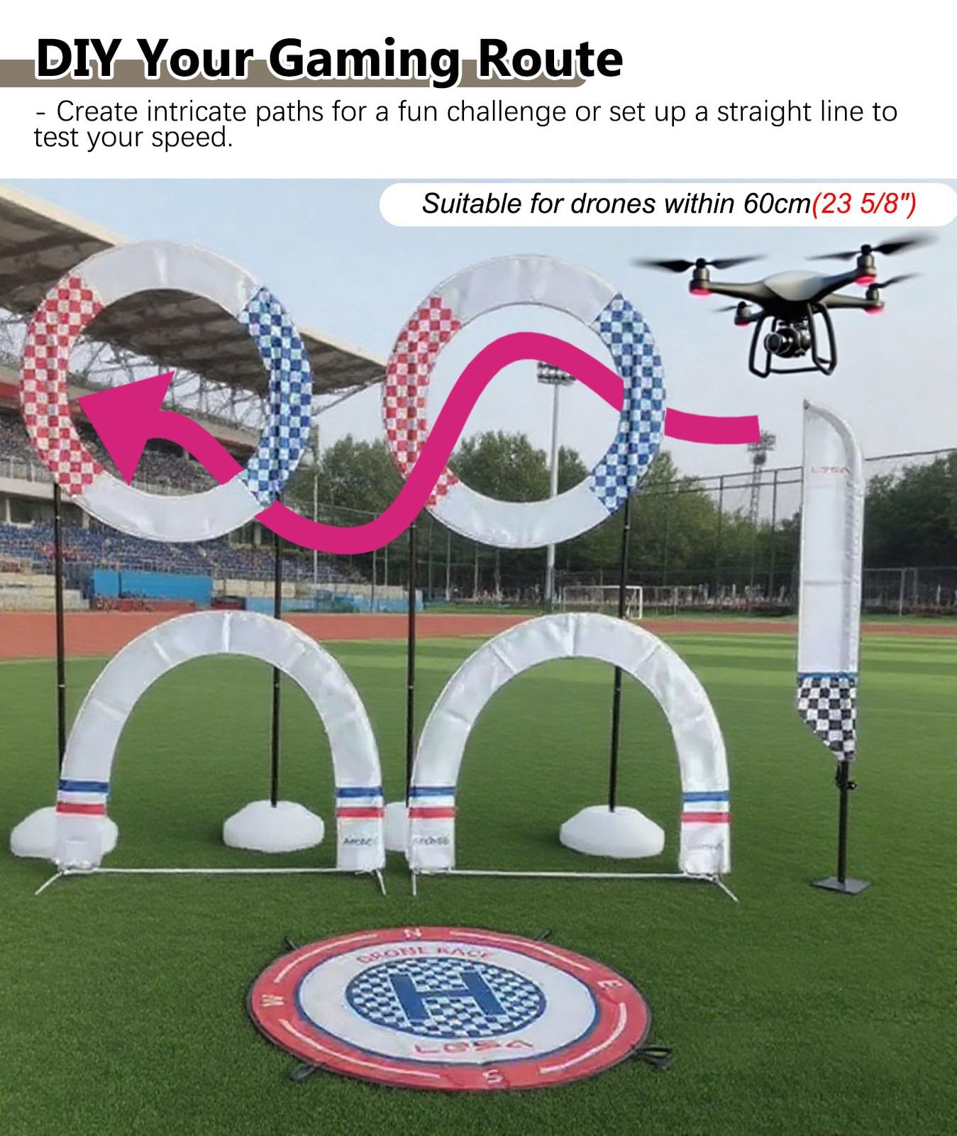 Drone Racing Gate Professionelles FPV Drohnen Renn Tor Set, RC Hubschrauber Übungsstrecken, Renn Luft Ringe + Bogen Hindernisse + Banner Flaggen + Landeplatz(Style a)