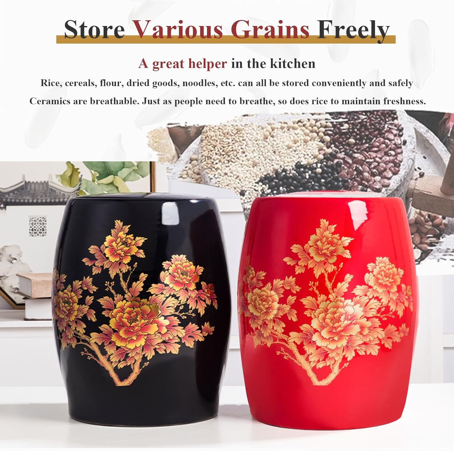 Classic Home Porcelain Food Storage Jar With Lid - Ceramic Rice Container - Kitchen Sealed Jar