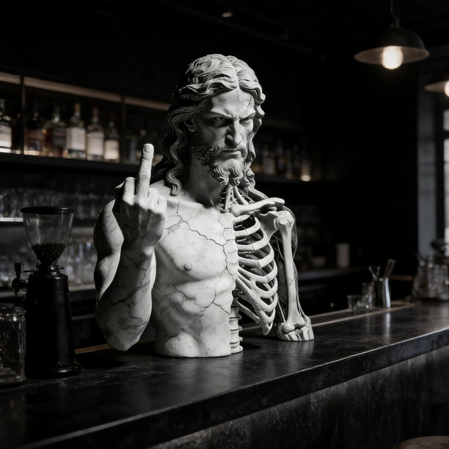 Modern Rebellion Sculpture in Marble Style,Half Skeleton Half Human Bust Statue Contemporary Dark Humor Home Office Art Figurine Sculpture Gift for Art Lovers