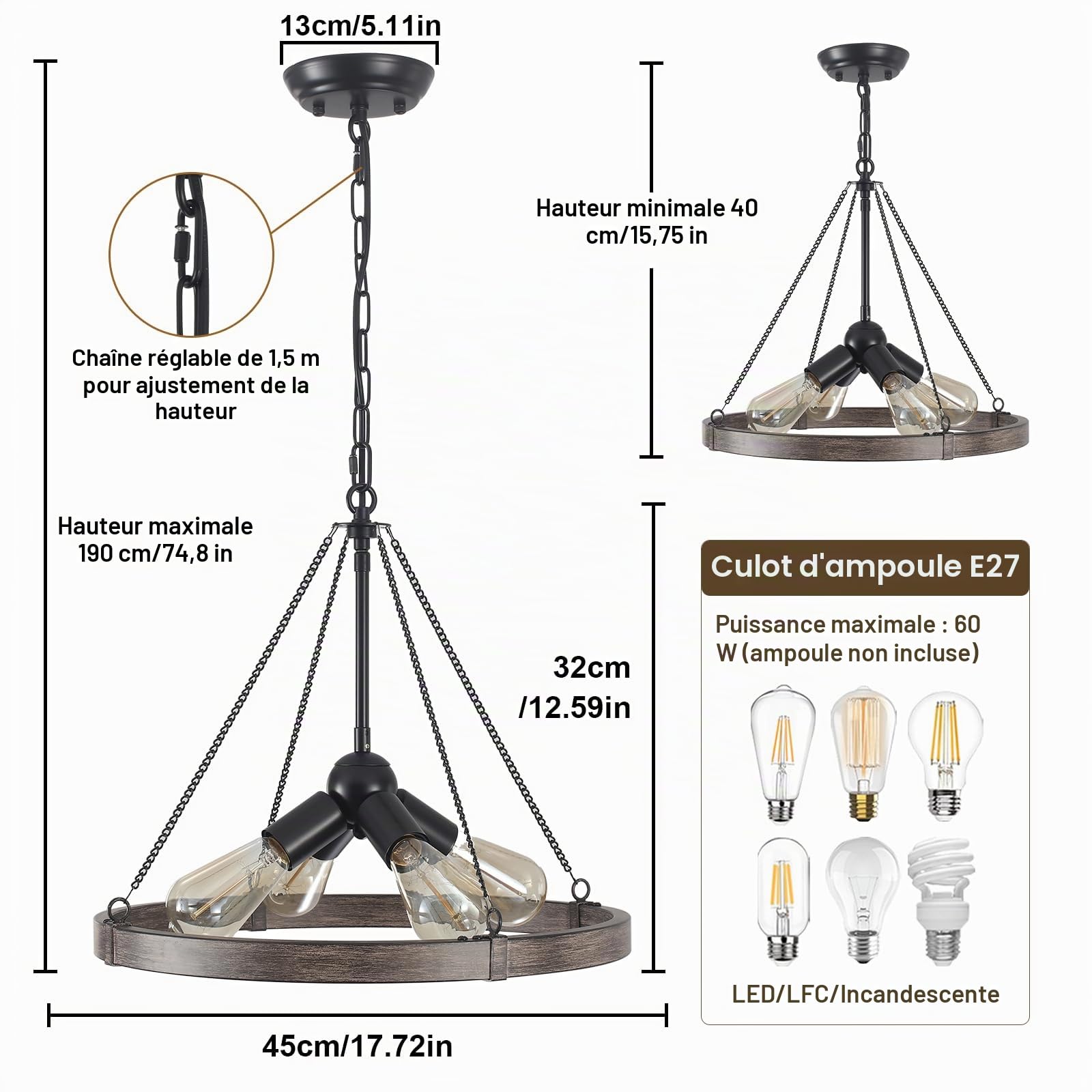Lustre Industriel En Roue De Chariot Noir 4 Lumières 60W Hauteur Réglable | Luminaire Plafonnier Vintage,Lustre Salle à Manger, Suspension Luminaire Salon pour Salon,Cuisine, EntréE, Chambre,E27
