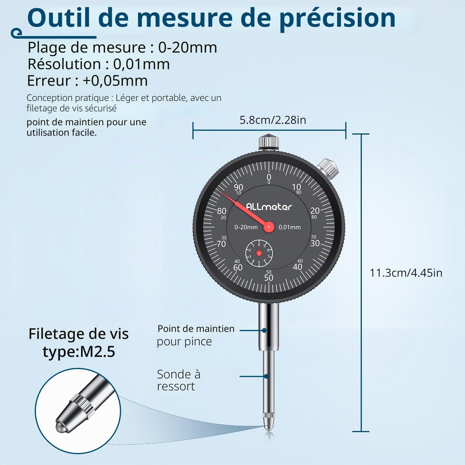 Micromètre comparateur mecanique 0-20 mm avec Base magnétique Traction max 60kg 3 Articulations flexibles et réglables Pour tours-fraiseuses CNC et contrôle de pièces de précision