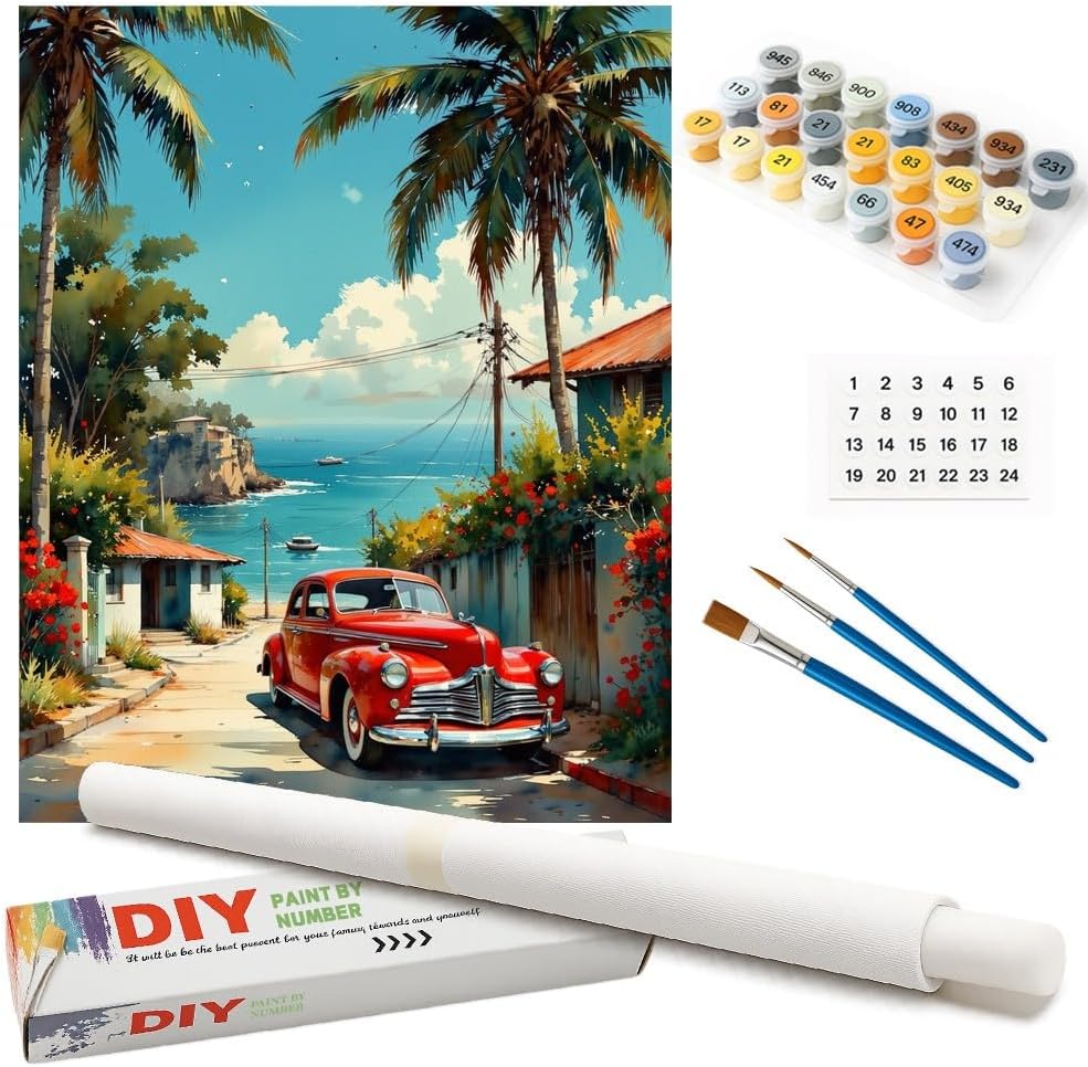 Vintage Car Paint by Numbers Kit for Adults - DIY Red Classic Car on Coastal Road Painting on Canvas, Acrylic Paint Set, Suitable for Beginners, Art for Home Decoration or Gifts(8X12IN Framed)