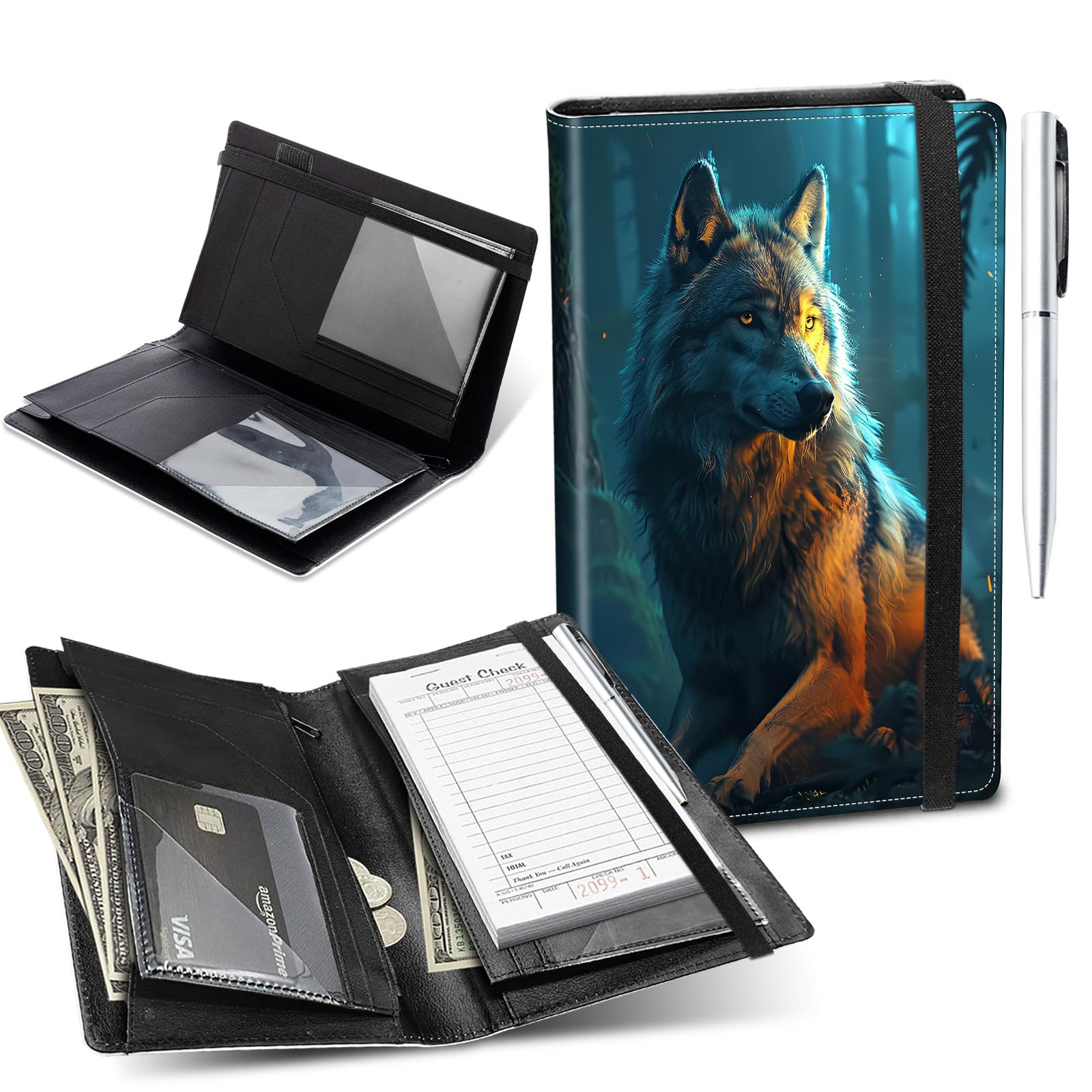 Server Book for Waitress,5.5x9 Inch - Waiter Book with Zipper Pocket,Pen Holder & Cash Compartments,Waterproof PU Leather Guest Check Organizer for Tips,Cards, Receipts,A Wolf at Night