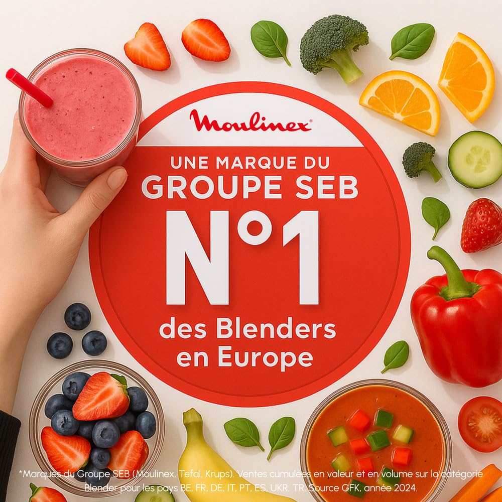 Moulinex Blender mixeur, Soupe maker, 1100 W, Bol 2 L, Lames inox, 3 programmes automatiques, Mode manuel, Mixage parfait, Soupes, Smoothies, Fabriqué en France, Soup&Plus LM924500