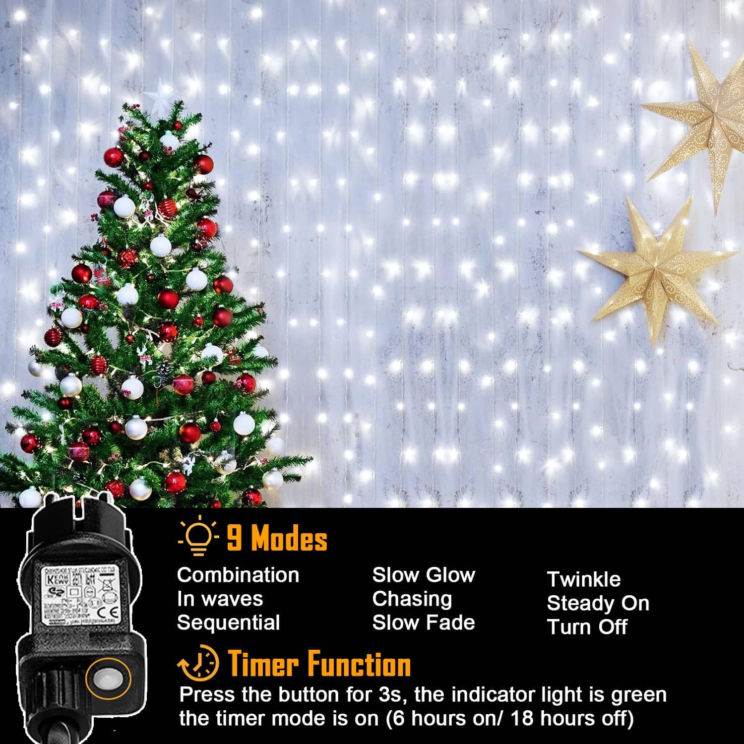 yowin Tenda Luminosa 600 LED 6m x 3m Luci Natale Esterno, 8 Modalità Tenda Luci Natale IP65 Impermeabile Cascata Luci per Giardino Matrimonio Feste Interno Addobbi Natalizie - Bianco Freddo