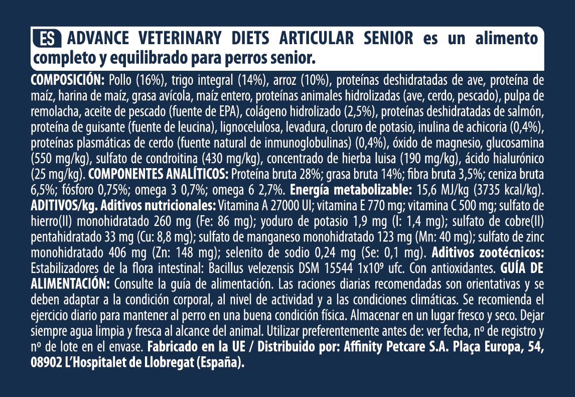 Advance Veterinary Diets Articular Care Senior, Pienso para Perros Senior con Problemas de Articulaciones, 3kg