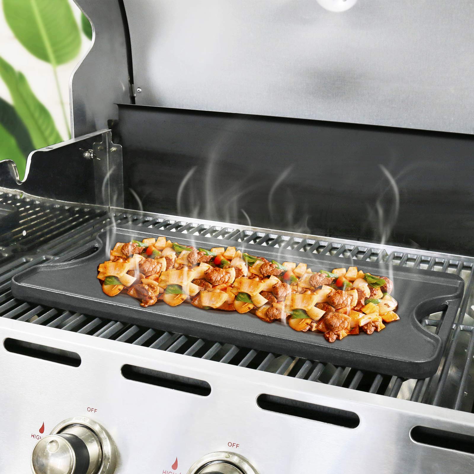 GFTIME 50,8CM x 26,5CM Gourmet Plancha, Plaque de Cuisson en Fonte réversible pré-assaisonné et poêle à Griller 2 en 1 avec poignées faciles à saisir pour Gril au Charbon de Bois