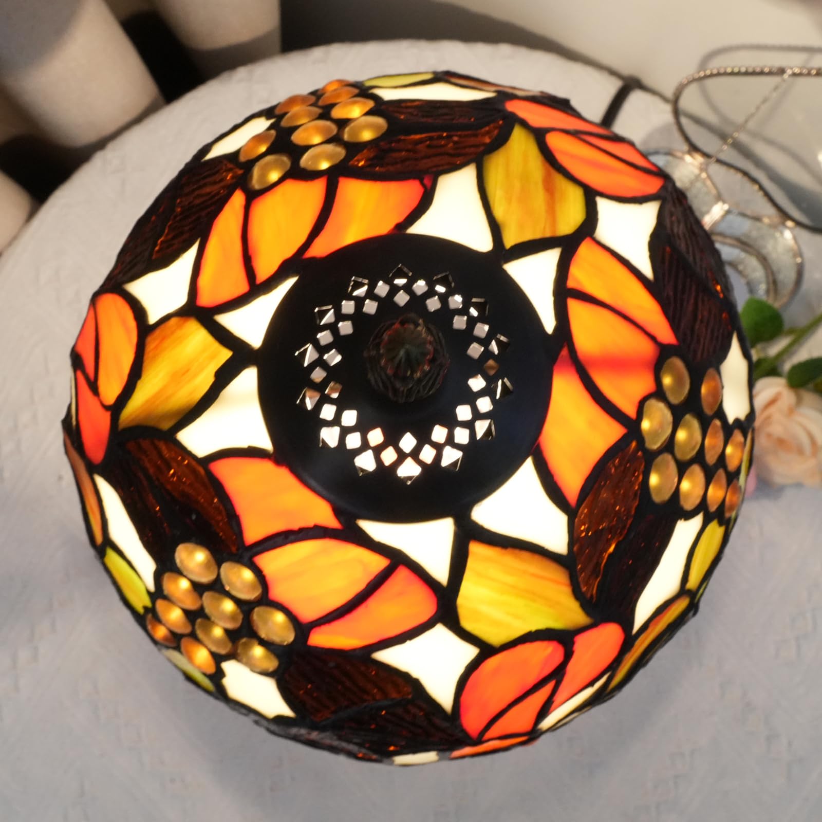 Tiffany lampa stołowa z witrażem, pomarańczowa, winogronowa, do sypialni, na biurko, do biura, sypialni, baru, dekoracja, styl retro, jedyny w swoim rodzaju, miły akcent, dekoracja 20 cm