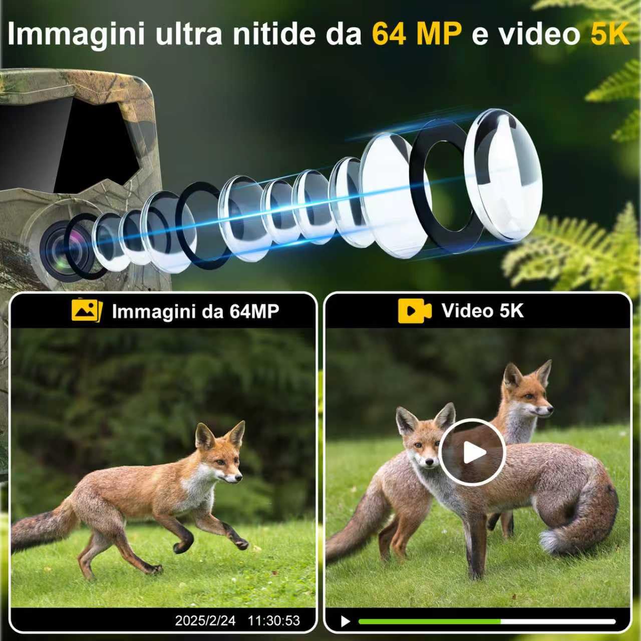 Lutranstra Fototrappola selvaggia da 5 K, Wi-Fi, 64 MP con trasmissione del cellulare, Fototrappola Notturna per animali selvatici a infrarossi con scheda SD 32 G e 8 batterie AA, sensore di movimento