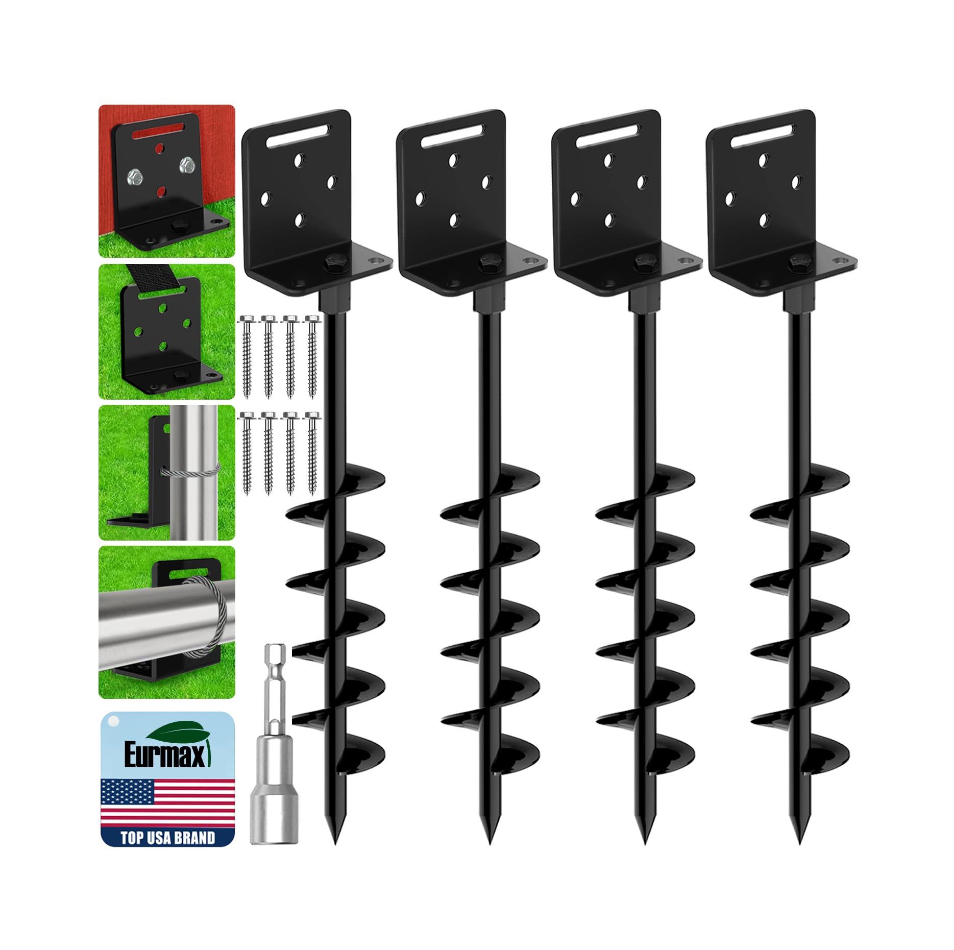Eurmax USA 4 Pack Heavy Duty Ground Anchors, Rust-Proof L-Shaped Screw-in Spiral Ground Stakes for Trampoline, Shed, Swing Set &amp; Carport,High Wind Resistant Metal Auger Anchors (Black)