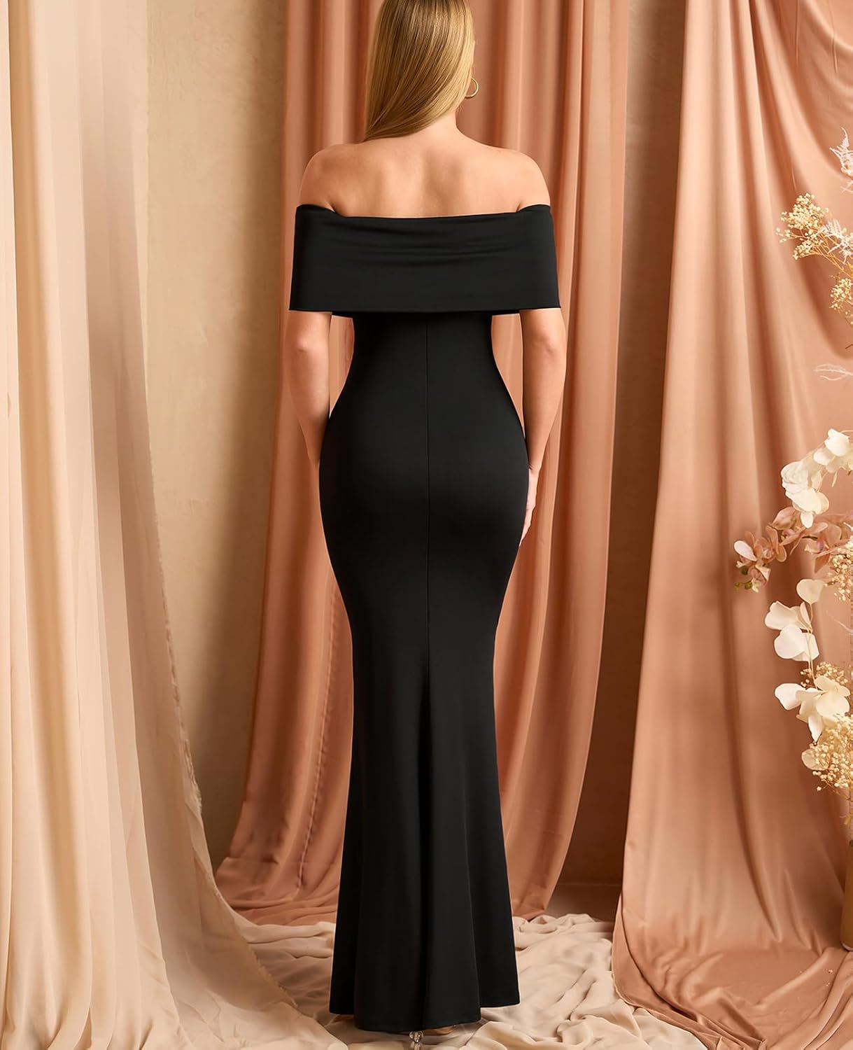 GLNEGE Off The Shoulder Formal Wedding Guest Maxi Dress for Women Fall Elegant Ruched Bodycon Cocktail Party Long Dresses - Image 3