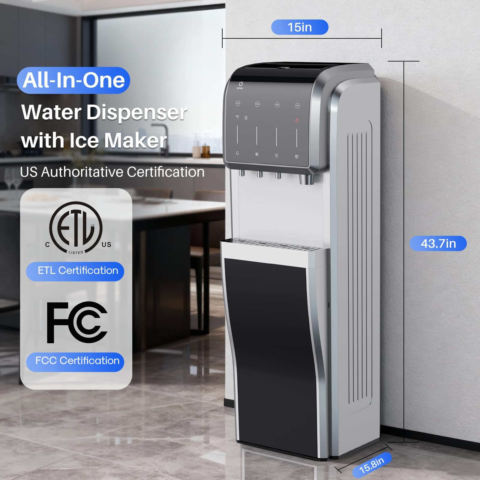 FrigiLife 5-in-1 Water Cooler Dispenser with Ice Maker, Bullet and Crushed/Chewable Ice Machine, Hot and Cold Water, Bottom Load for 5 Gallon Bottle, 35lbs/24H, WiFi, Child Lock, Stainless Steel on Fridge.com
