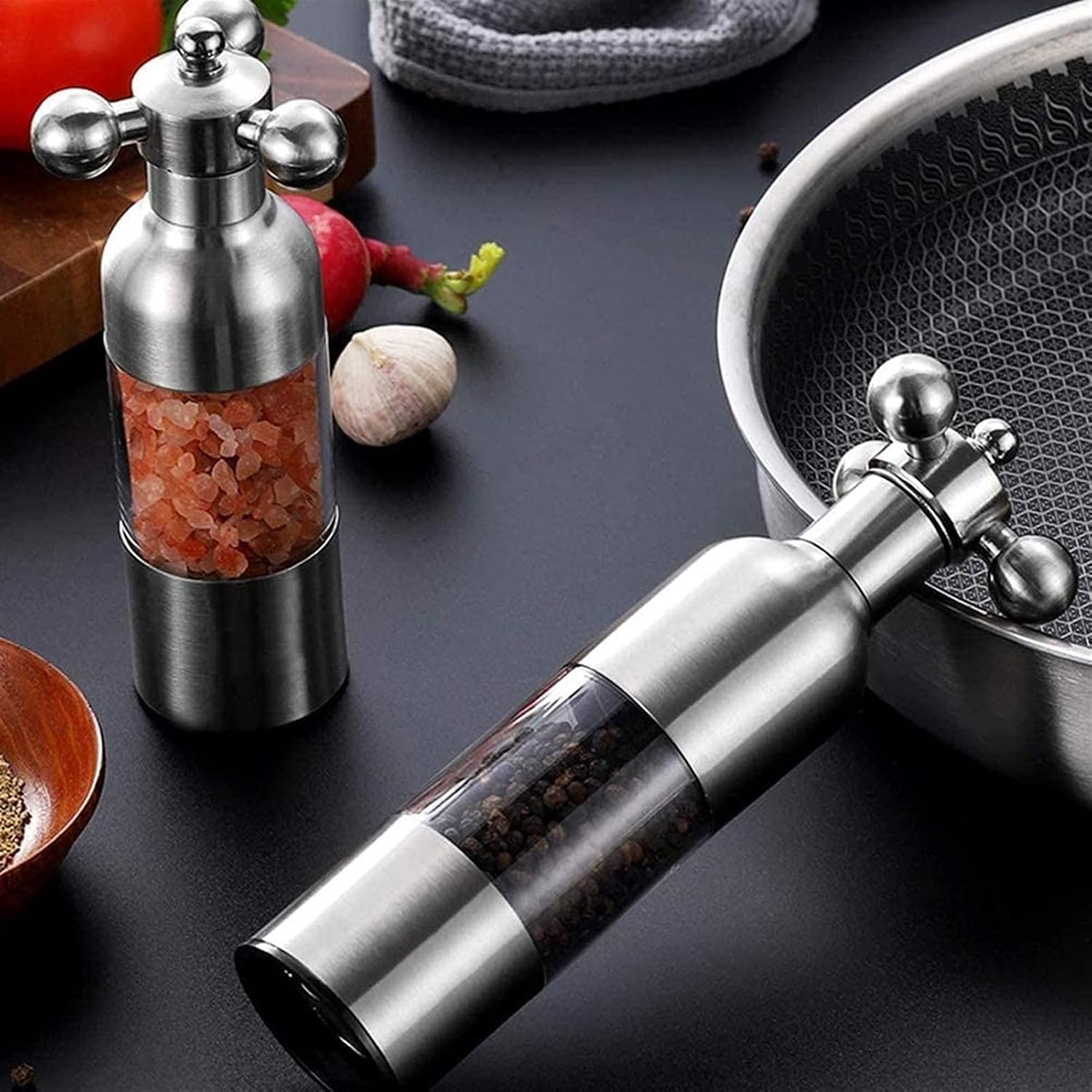 Salt and Pepper Grinder Set (2 pcs) - Premium Stainless Steel Salt Grinder and Pepper Mill Set with Adjustable Ceramic Coarseness, Stylish Design Without Brush