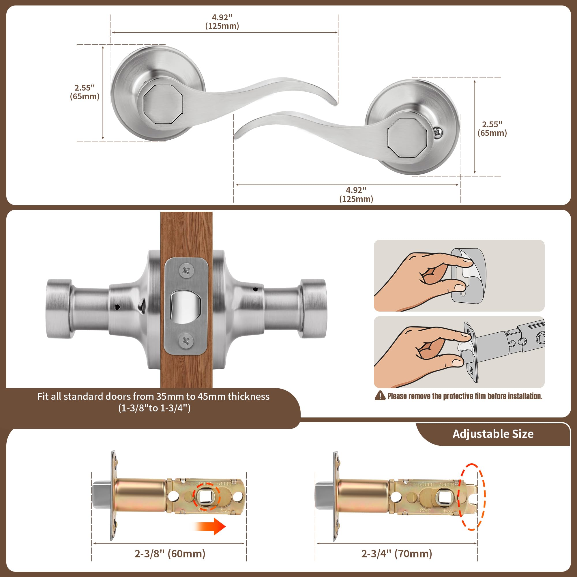 Moquin Manija de puerta de paso con diseño de onda sin llaves ni cerradura, manija de puerta reversible para armario derecho/izquierdo/cerradura de puerta de pasillo en acabado de níquel satinado