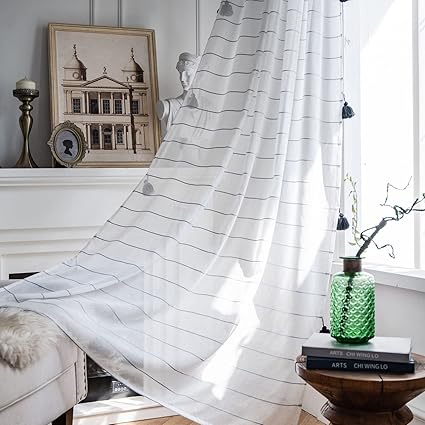 Amazon おしゃれ カーテンチュール 白い 窓カーテン 間仕切り ドレープカーテン 1枚入り 幅132cm 丈160 300cm 可愛い黒タッセル飾る リビング キッチン 出窓 寝室 半遮光 薄いカーテン Color White Size W 132 X H 0cm 52 79inch カーテン オンライン通販