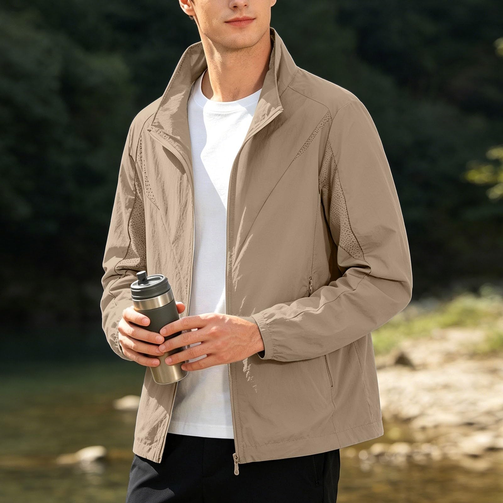 Generisch Jeansjacke Beige Damen Lässige Sonnenjacke, leichte Stehkragen, atmungsaktiver Outdoor-Hoodie für den Sommer