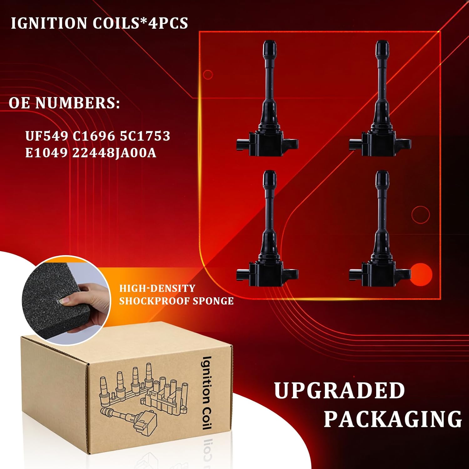 Ignition Coil Packs Set of 4 Compatible with 2007 2008 2009 2010 2011 2012 2013 Nissan Altima Versa Sentra Rogue Cube NV200 2.5 1.8 1.6 2.0 L4 - Replaces UF549