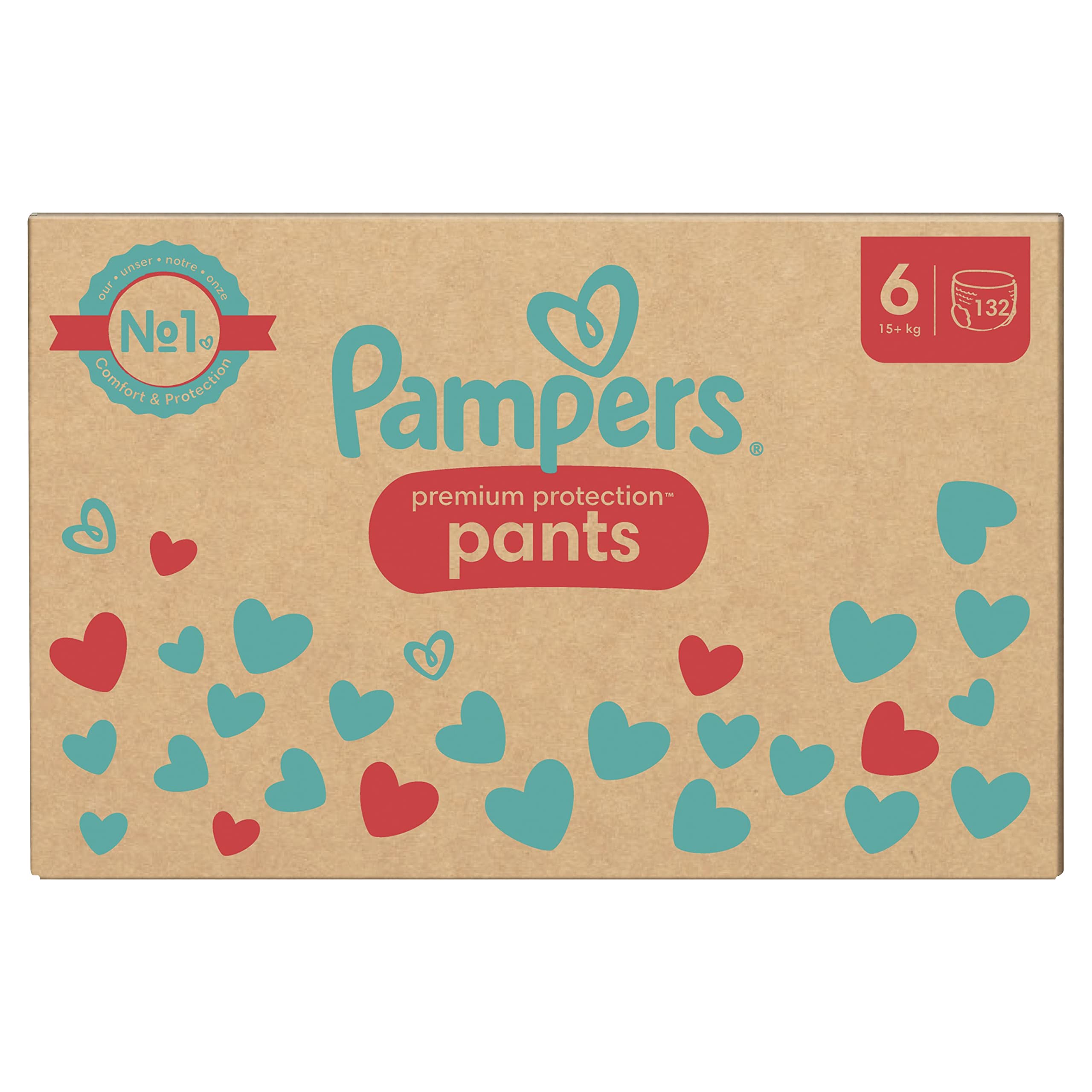 Pampers Talla 6 Pañales (15+ kg), Protección Premium, 132 pañales, caja mensual, funda de ropa 1 para mayor comodidad y protección de la piel sensible