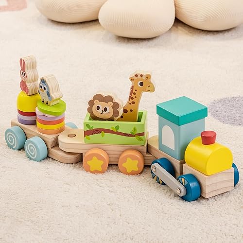 Miniatura 9 de Costzon Juego de tren de madera, juego de tren educativo apilable con patrones de animales coloridos y locomotora retráctil, material de madera