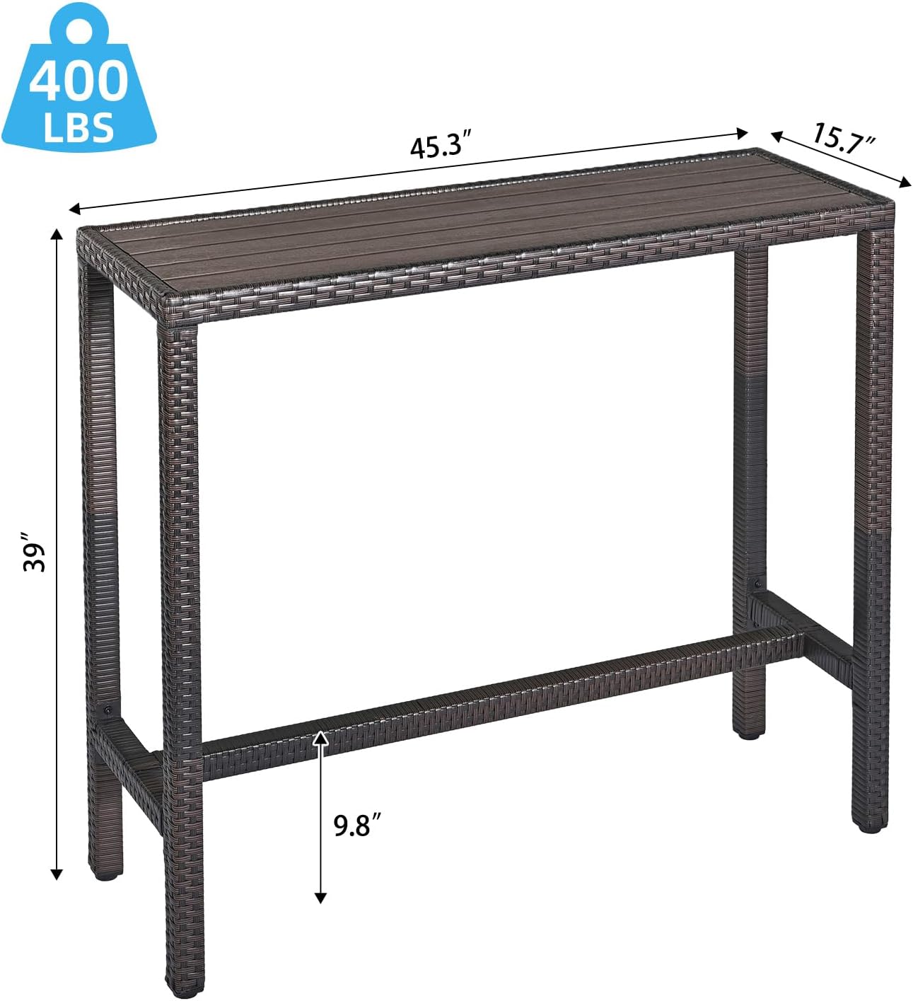 Outdoor Bar Table Patio Counter Height Table 45" Long Wicker High Top Pub Table Tall Console Table Rectangle Narrow with Adjustable Feet for Hot Tub Balcony Garden Outside Pool Deck Backyard Brown